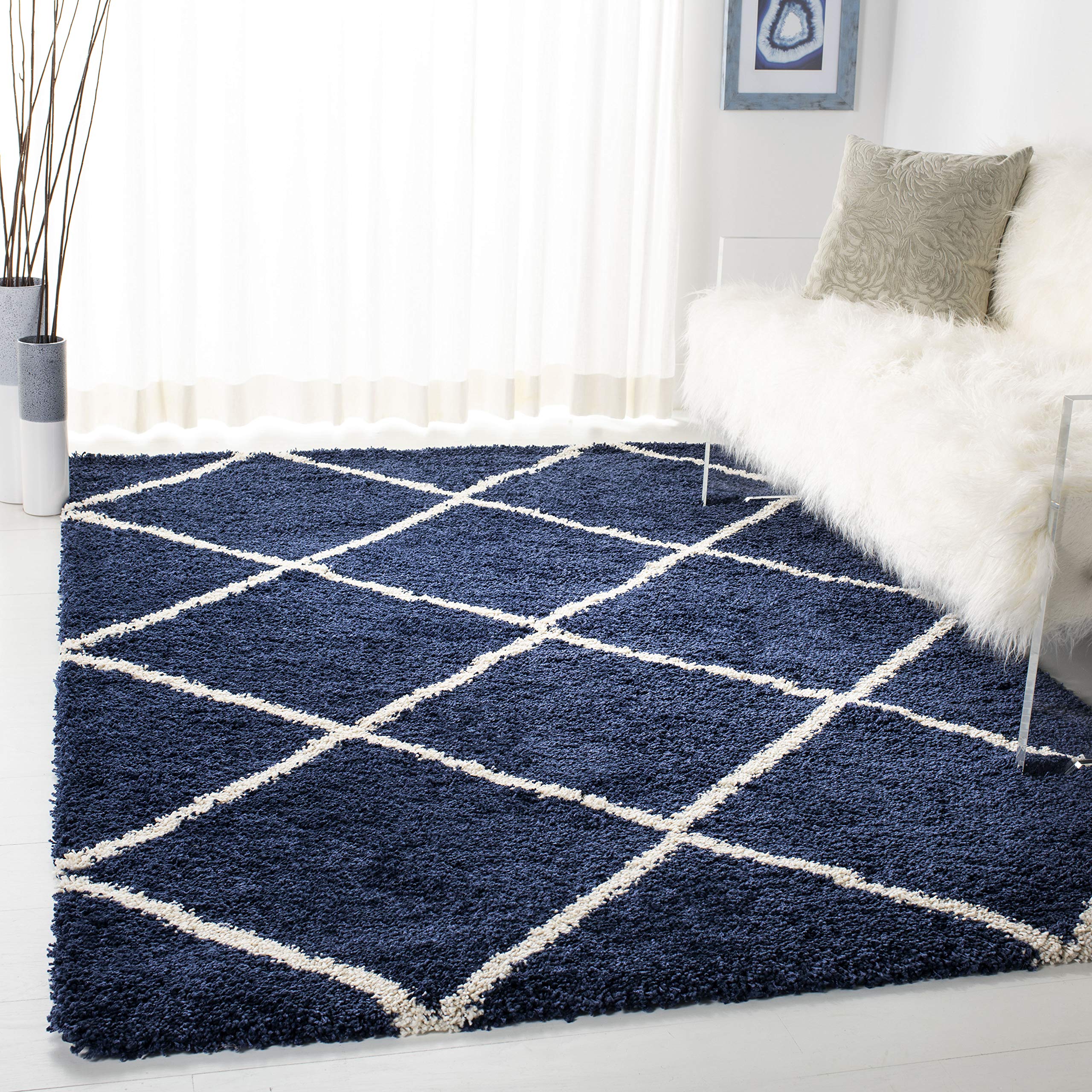 SAFAVIEH Hudson Shag Collection Area Rug - 53 x 76, Navy & Ivory, Modern Trellis Design, Non-Shedding & Easy Care, 2-inch Thic