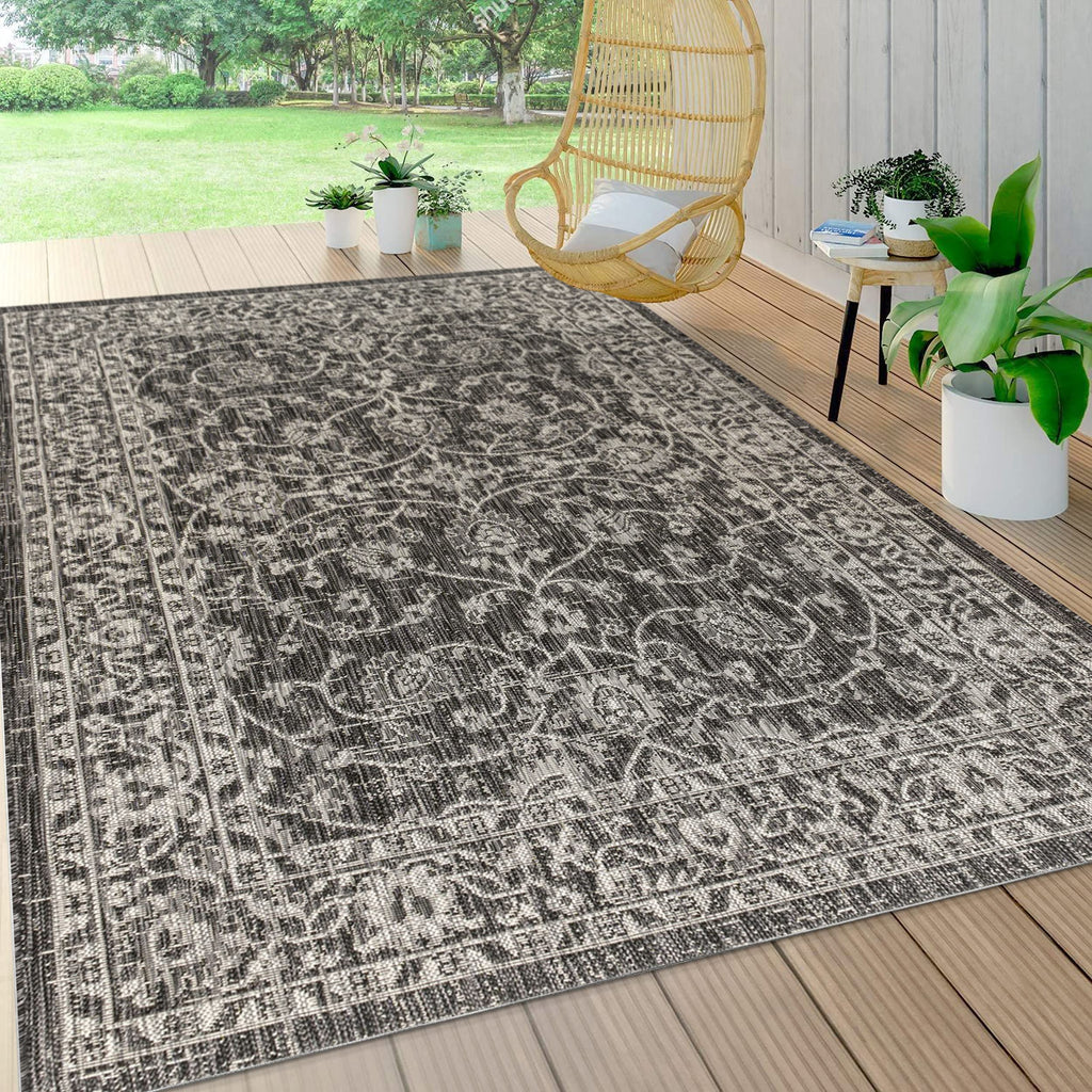 Jonathan Y Smb103C-8 Palazzo Vine And Border Textured Weave Indoor Outdoor Area Rug Coastal Bohemian Rustic Glam Easy Cleaning Bedroom Kitchen Backyard Patio Non Shedding, 8 X 10, Black/Gray