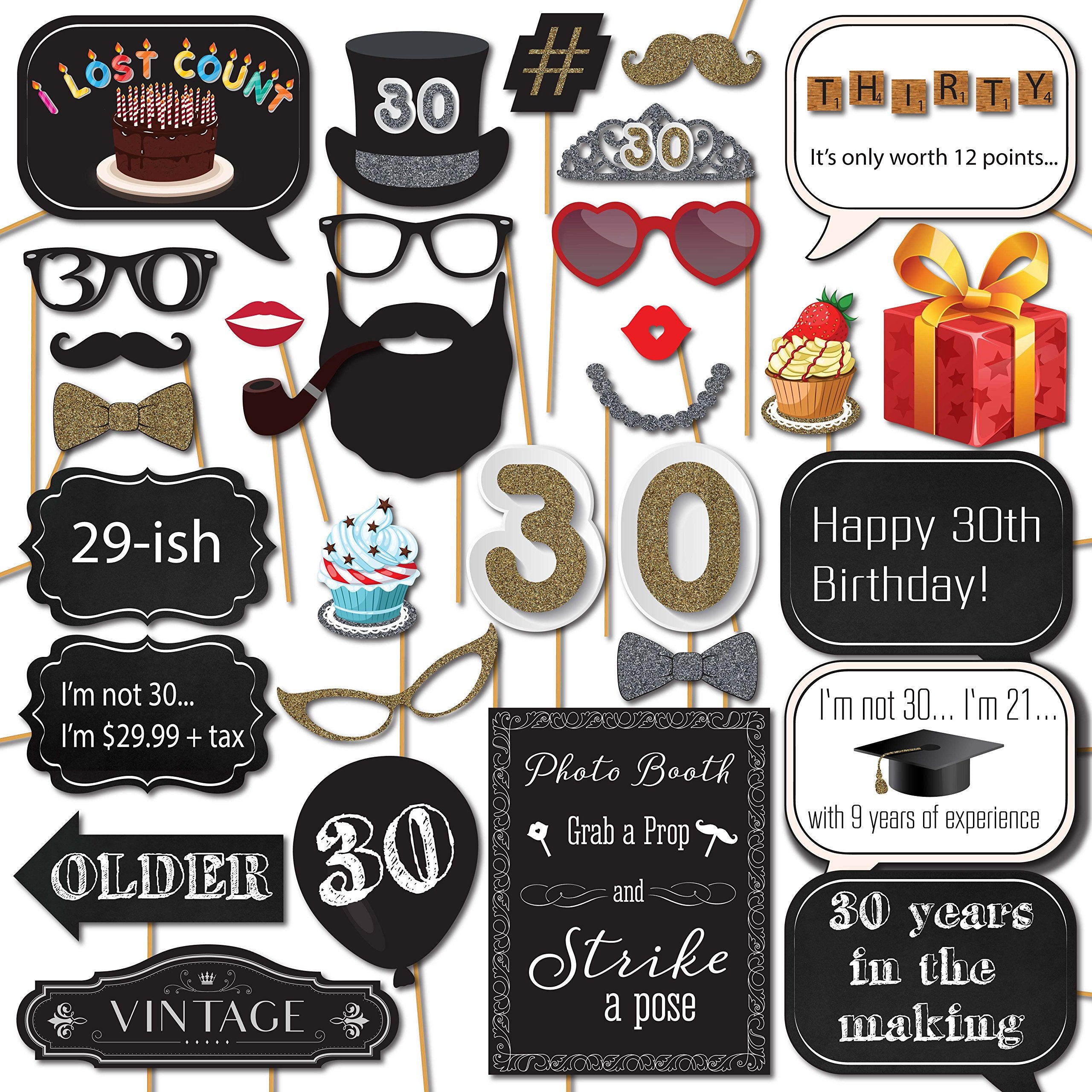 '30th Birthday - 31-pc Selfie Props with 8 x 10-Inch Sign, 45 Adhesive Pads, 35 Sticks - Dirty 30 Photo Booth Props''