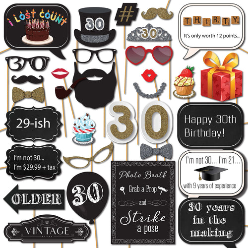 '30th Birthday - 31-pc Selfie Props with 8 x 10-Inch Sign, 45 Adhesive Pads, 35 Sticks - Dirty 30 Photo Booth Props''