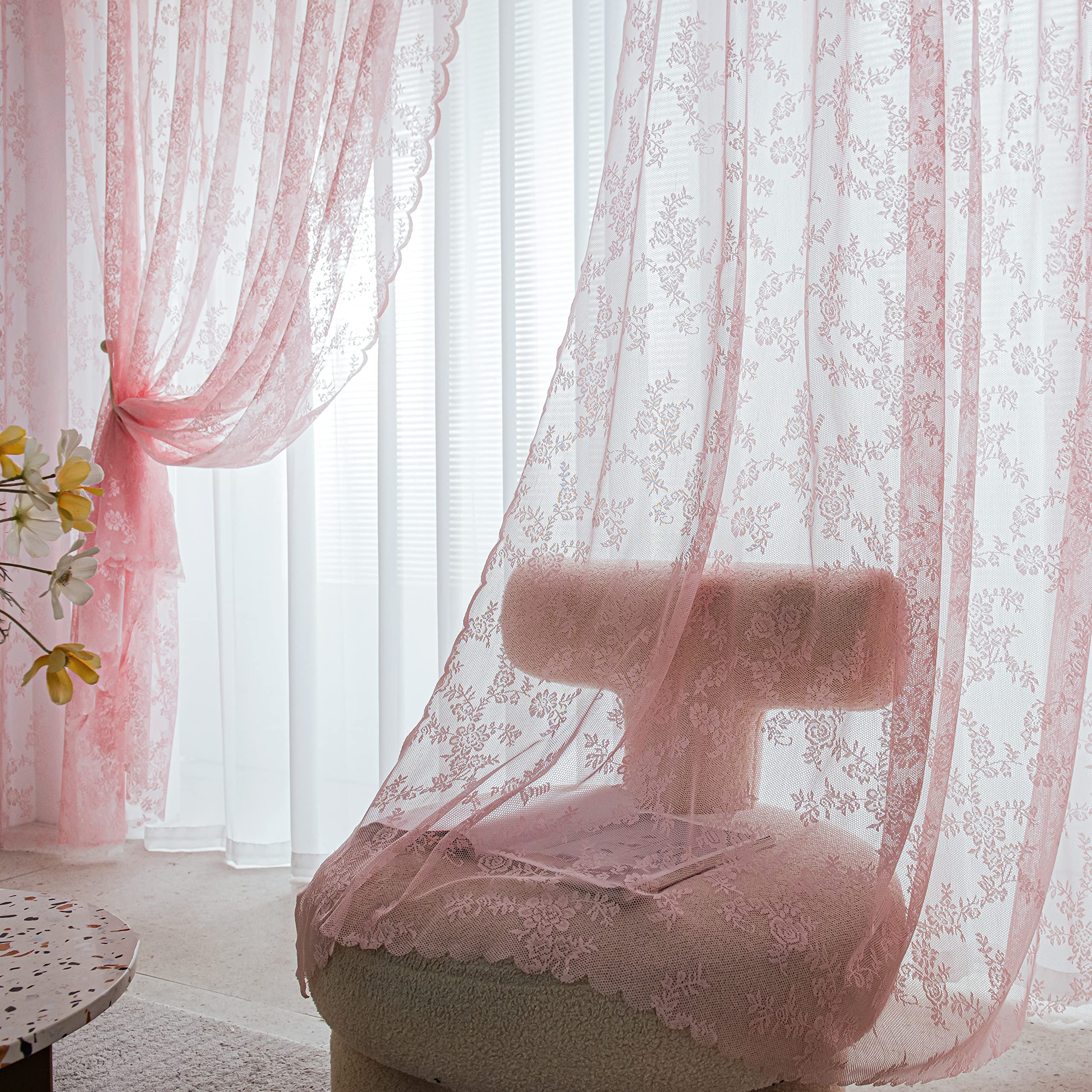 Sutuo Home Pink Lace Curtains 84 Inches Long 2 Panels Set, Blush Sheer Country Retro Florals Vintage Voile Window Treatment For