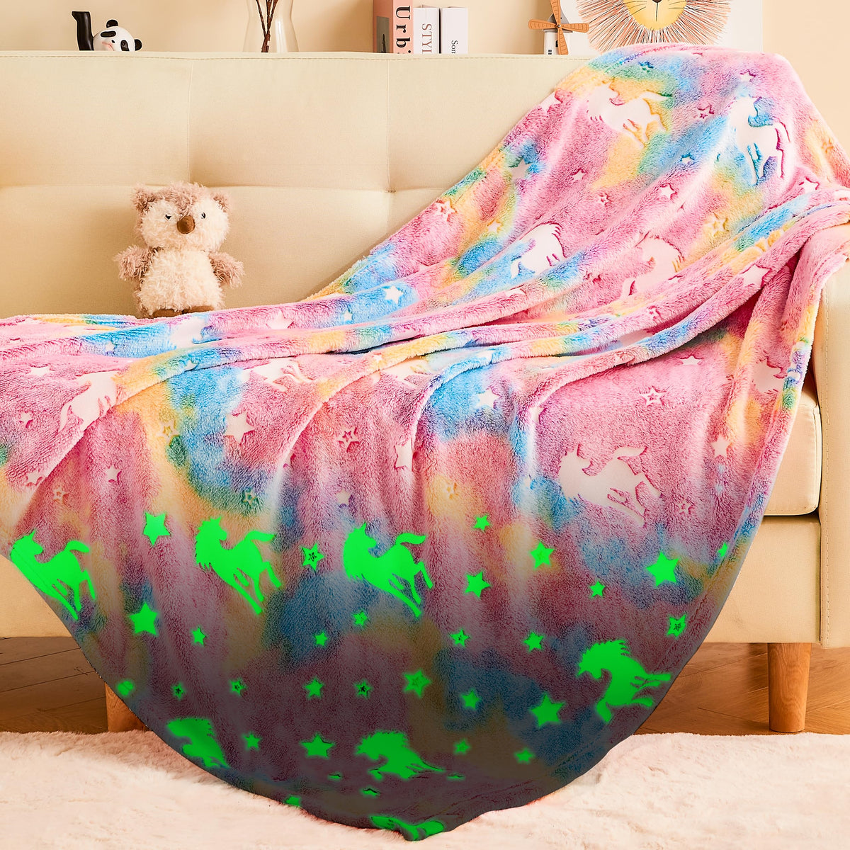 Ramees Glow In The Dark Unicorn Blanket, Cute Blanket For Kids Toddlers Girls Boys, Cozy Soft Fluffy Fuzzy Flannel Fleece Blanke