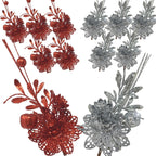 Christmas Poinsettia Flower Stems with Clips - Set/10 Red and Silver Glitter Xmas Floral Sprig Decorations - Artificial Glittere