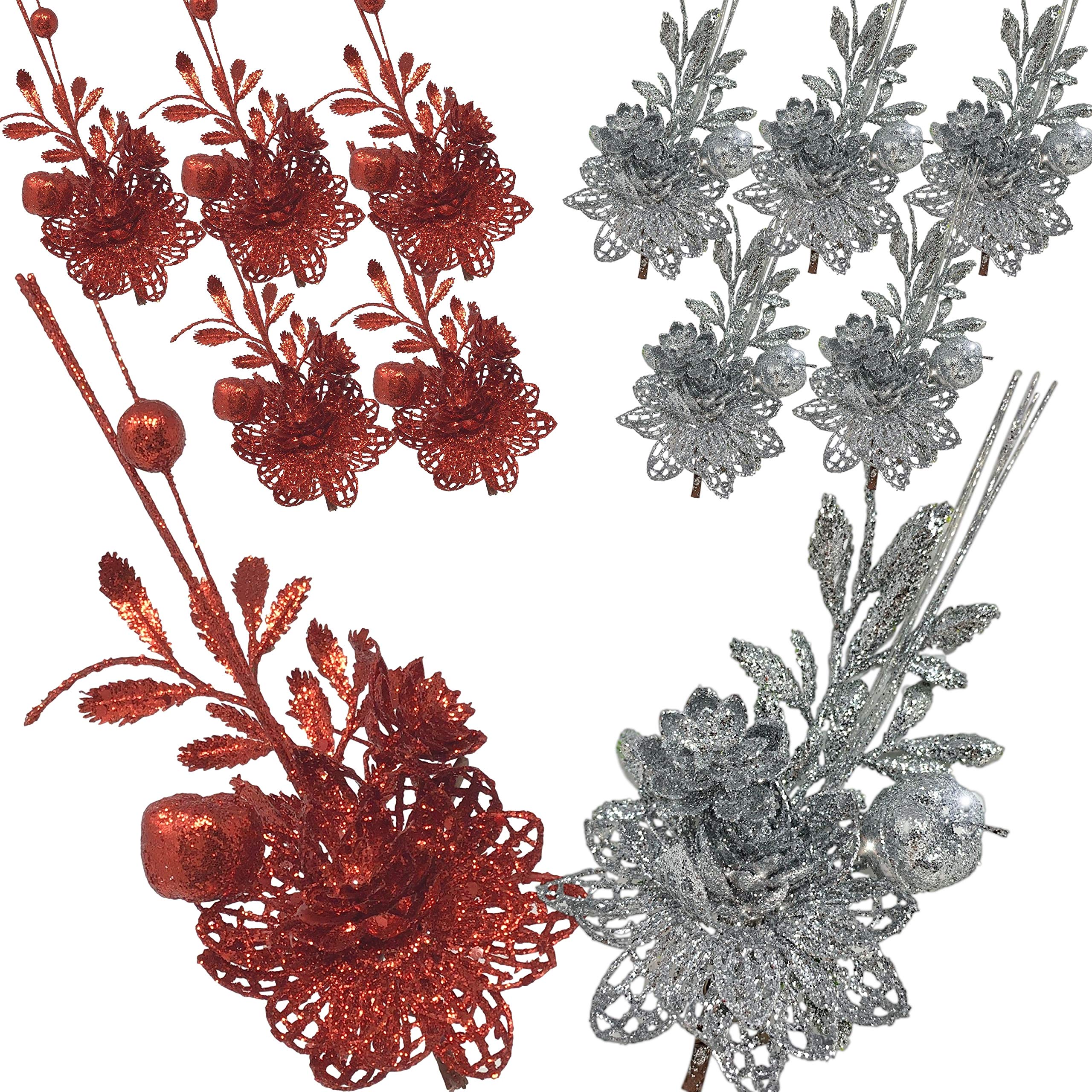 Christmas Poinsettia Flower Stems with Clips - Set/10 Red and Silver Glitter Xmas Floral Sprig Decorations - Artificial Glittere