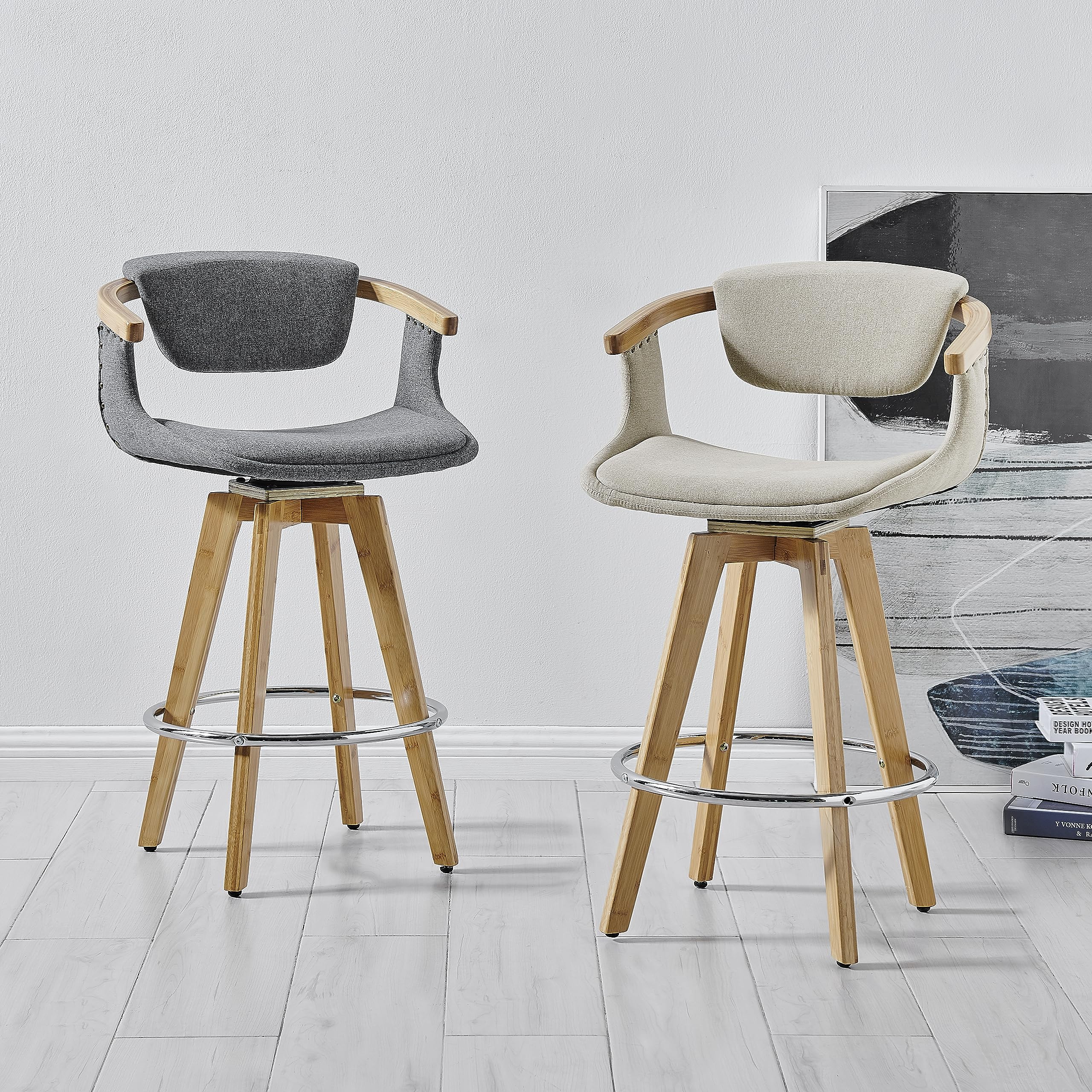 New Pacific Direct Darwin Fabric Bamboo Counter Bar & Counter Stools, Stokes Linen