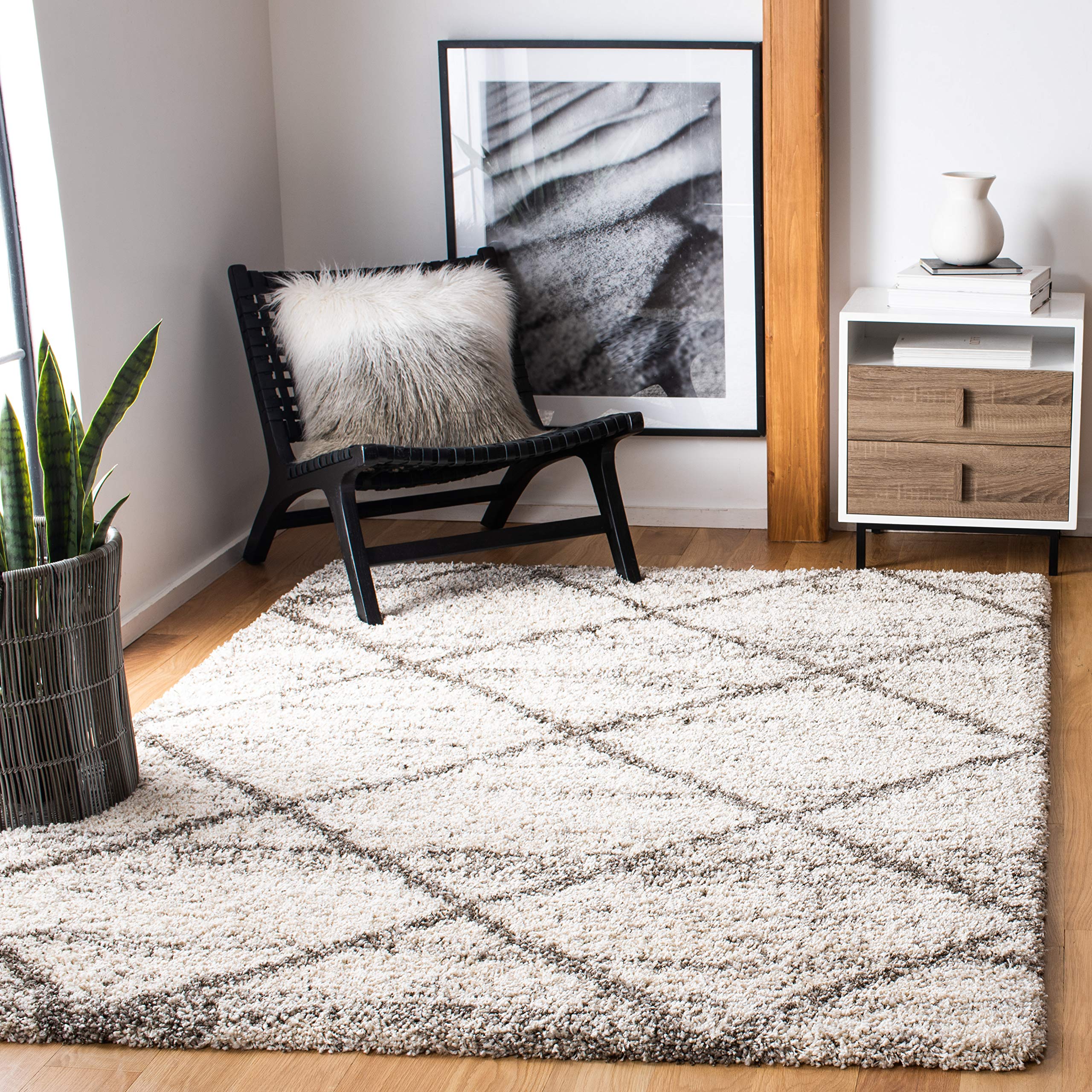 SAFAVIEH Hudson Shag Collection Accent Rug - 3 x 5, Grey & Beige, Modern Trellis Design, Non-Shedding & Easy Care, 2-inch Thic