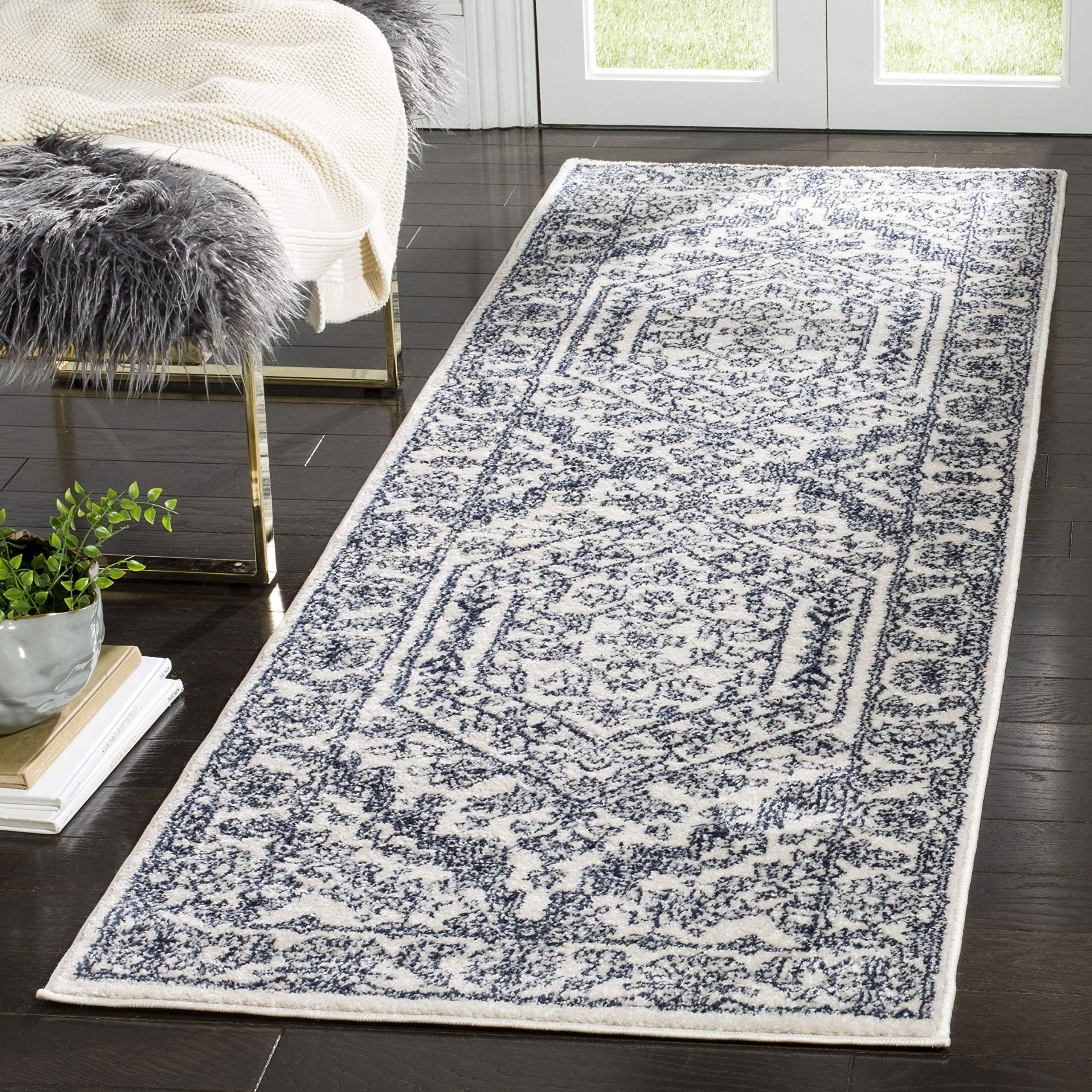 SAFAVIEH Adirondack Collection Runner Rug - 26 x 6, Ivory & Navy, Oriental Medallion Design, Non-Shedding & Easy Care, Ideal f