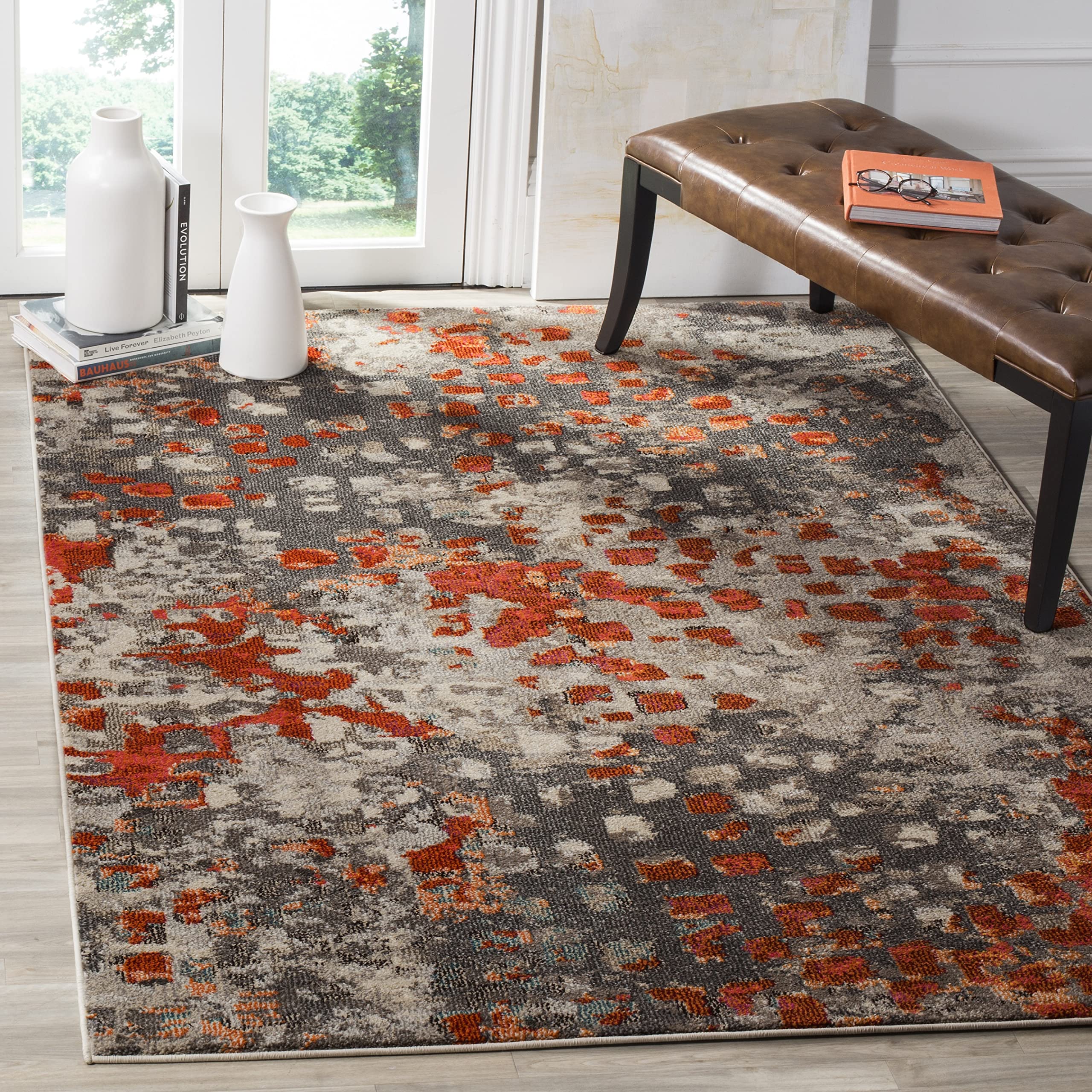 SAFAVIEH Monaco Collection Accent Rug - 3 x 5, Grey & Orange, Boho Chic Abstract Watercolor Design, Non-Shedding & Easy Care, 