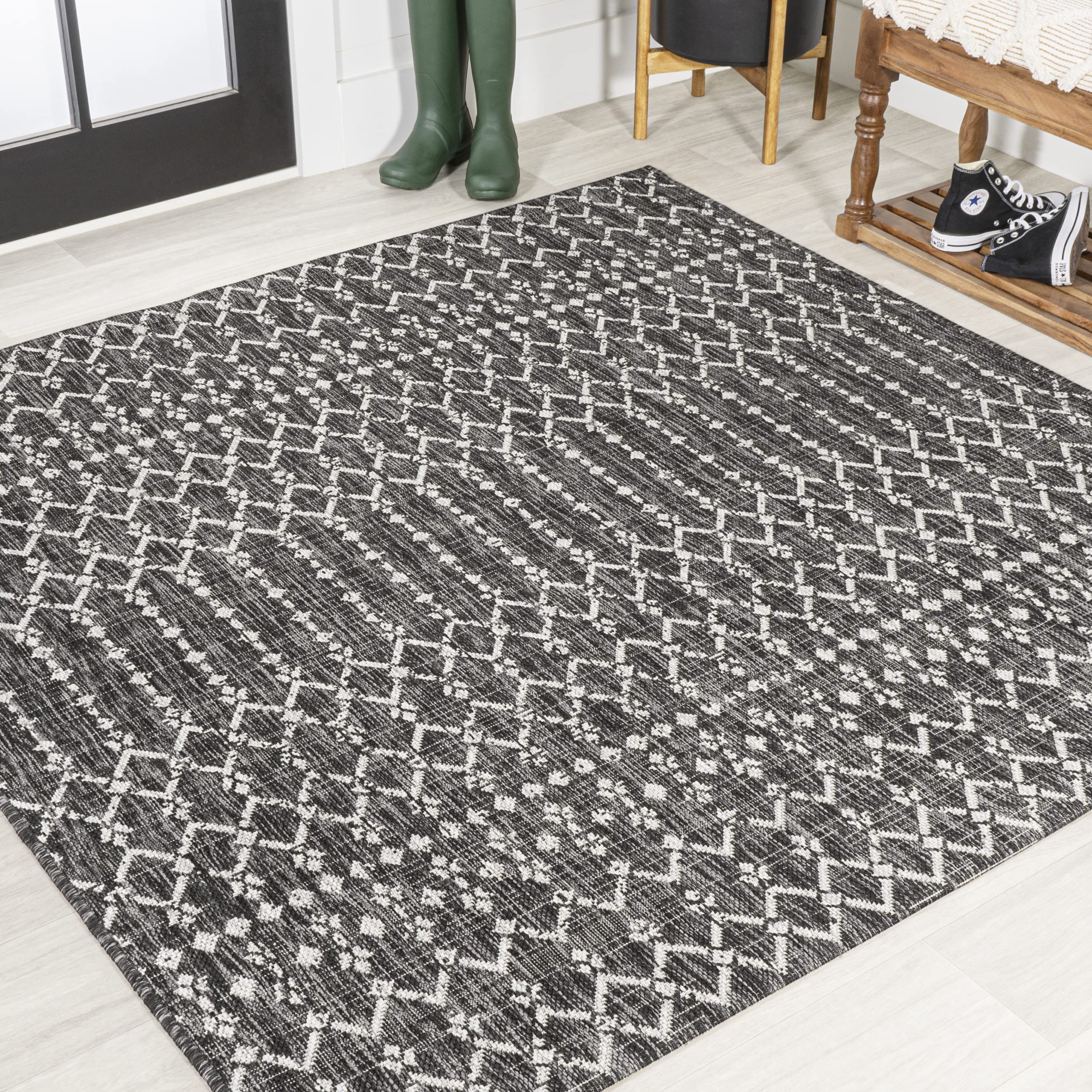 Jonathan Y Smb108F-4Sq Ourika Moroccan Geometric Textured Weave Black/Gray 4' Square Indoor/Outdoor Area Rug, Pet Friendly, Non-