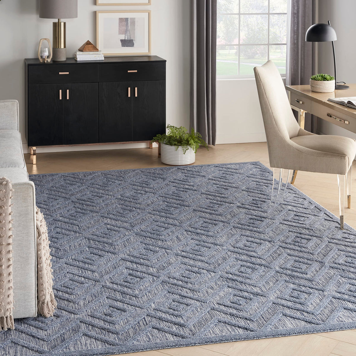 Nourison Versatile Indoor/Outdoor Denim Blue 9' X 12' Area Rug, Easy Cleaning, Non Shedding, Bed Room, Living Room, Dining Room, Deck, Backyard, Patio, High Traffic Area (9X12)