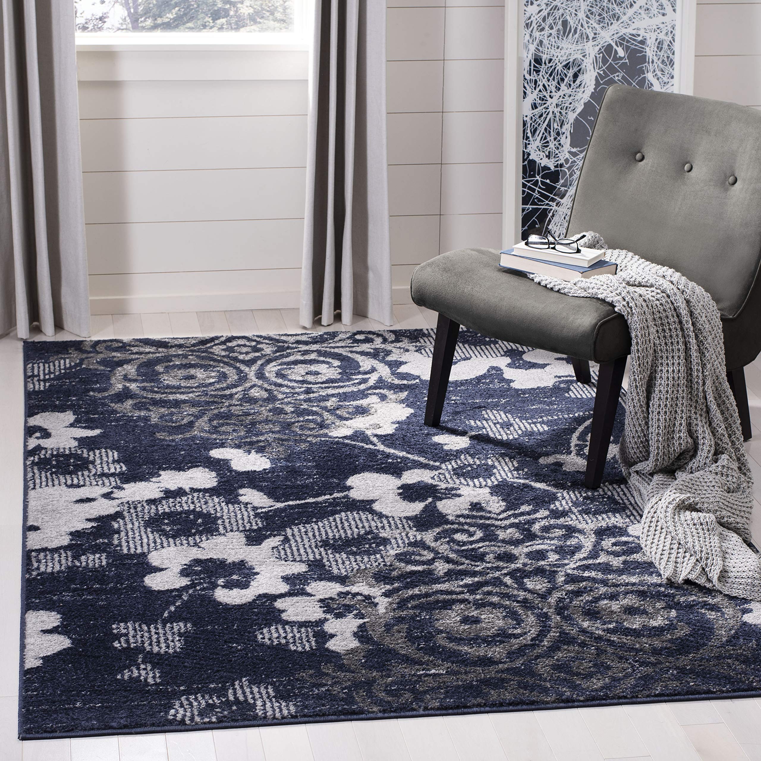 SAFAVIEH Adirondack Collection 6 Square Navy / Silver ADR114N Floral Glam Damask Distressed Non-Shedding Living Room Bedroom Di