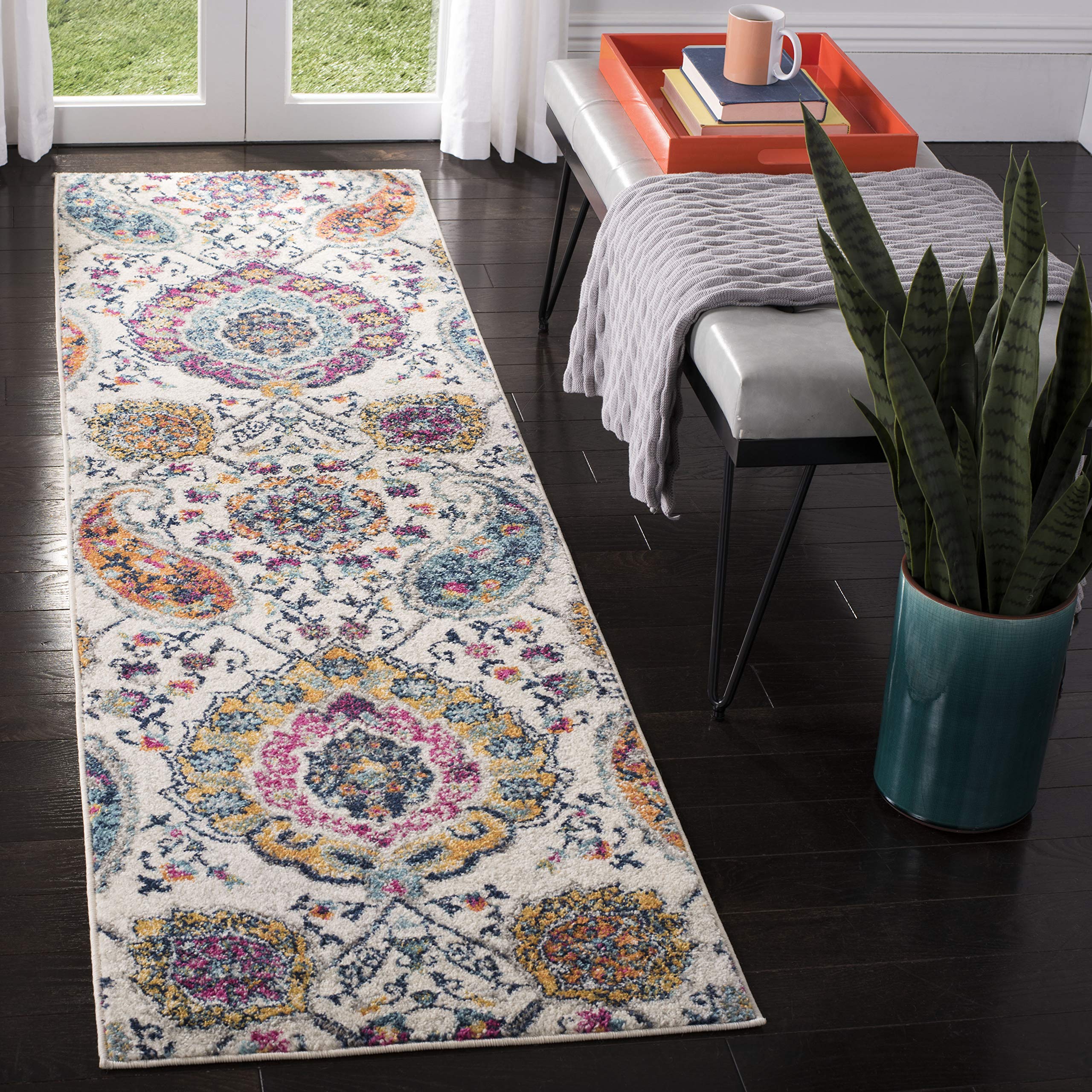 SAFAVIEH Madison Collection Runner Rug - 2'3'' x 14', Cream & Multi, Boho Chic Glam Paisley Design, Non-Shedding & Easy Care, Id