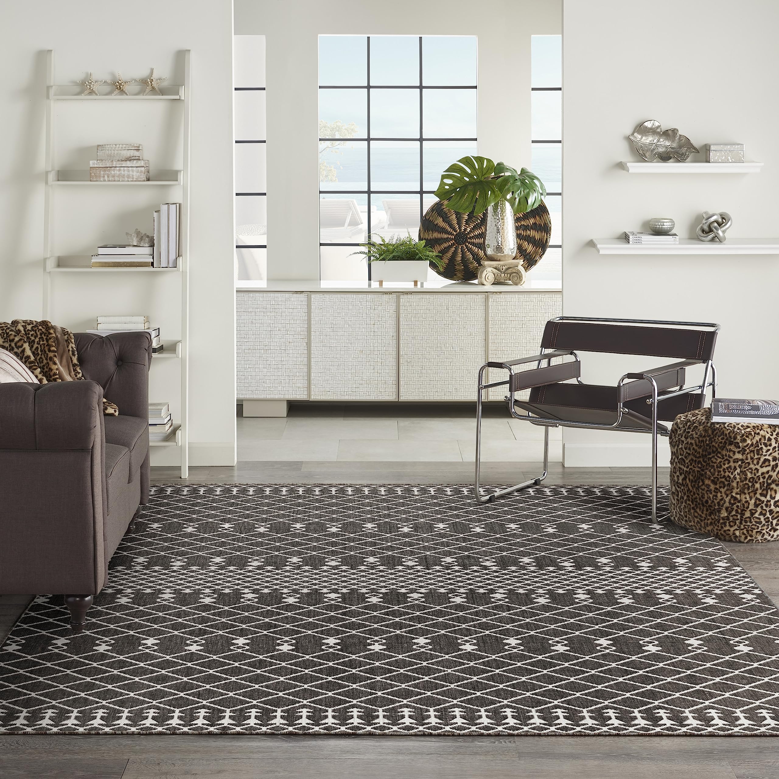 Nourison Positano Indoor/Outdoor Black 8' X 10' Area Rug, Easy Cleaning, Non Shedding, Bed Room, Living Room, Dining Room, Backyard, Deck, Patio (8X10)
