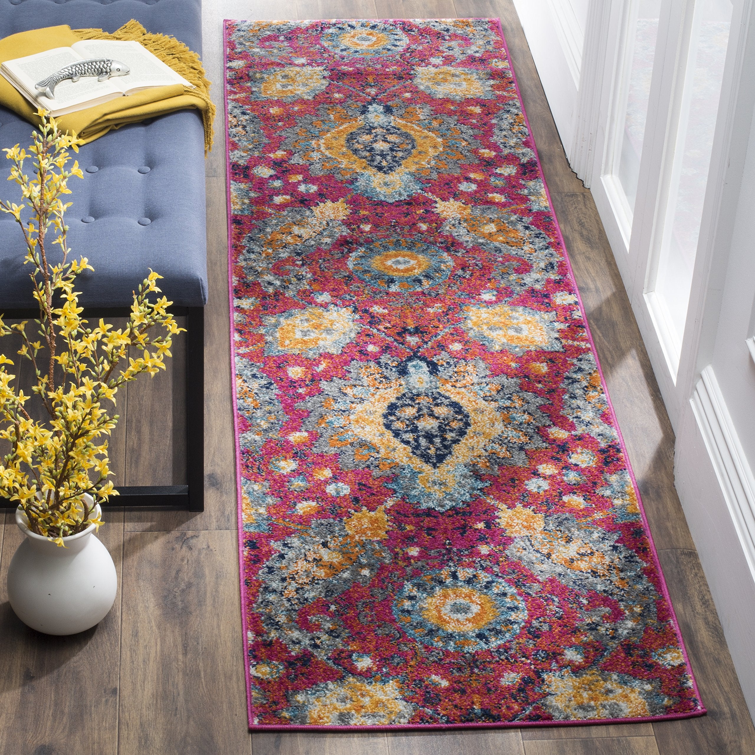 SAFAVIEH Madison Collection Runner Rug - 2'3'' x 12', Fuchsia & Gold, Boho Chic Glam Paisley Design, Non-Shedding & Easy Care, I