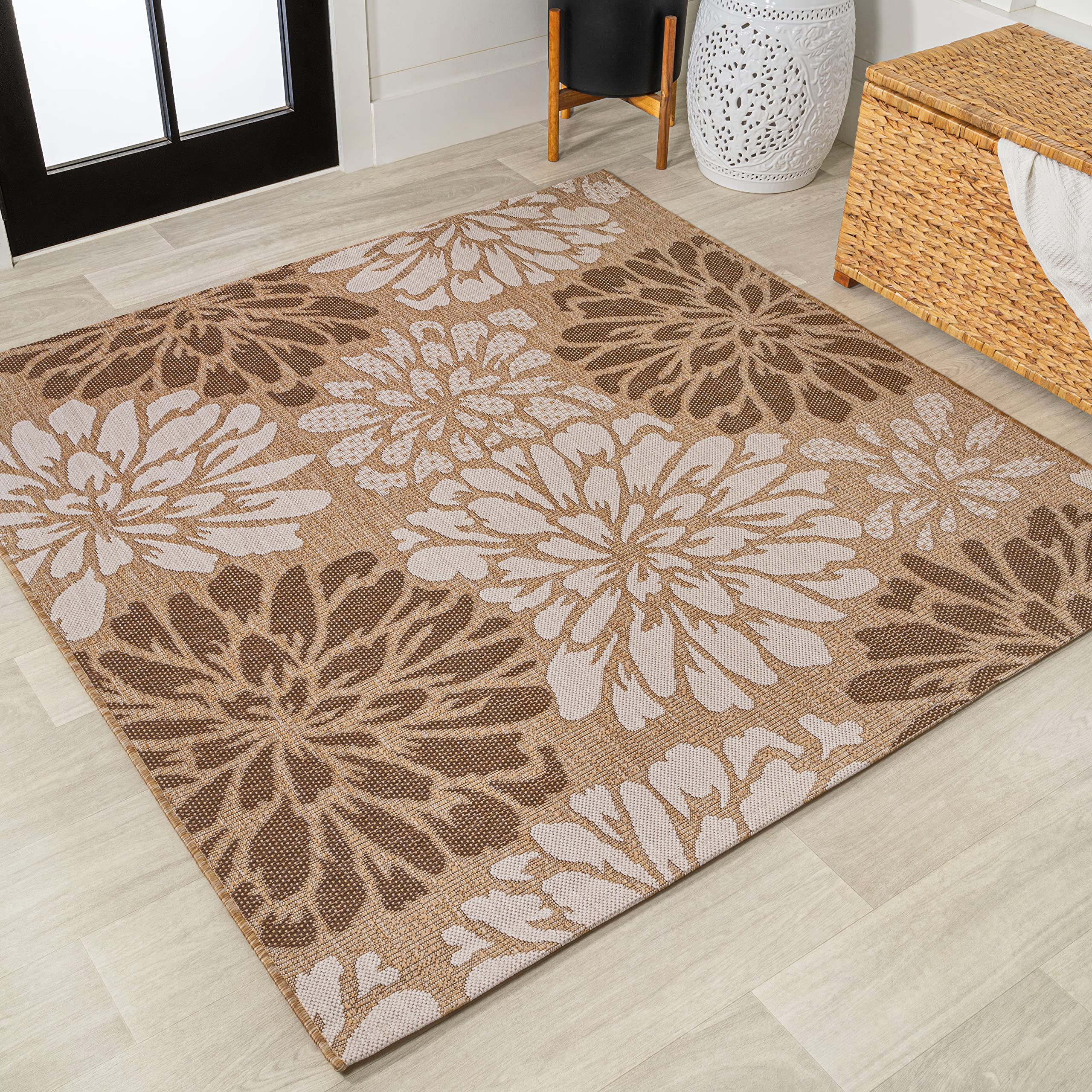 JONATHAN Y SMB110I-4SQ Zinnia Modern Floral Textured Weave Brown/Cream 4 Square Indoor/Outdoor Area Rug, Pet Friendly, Non-Shed