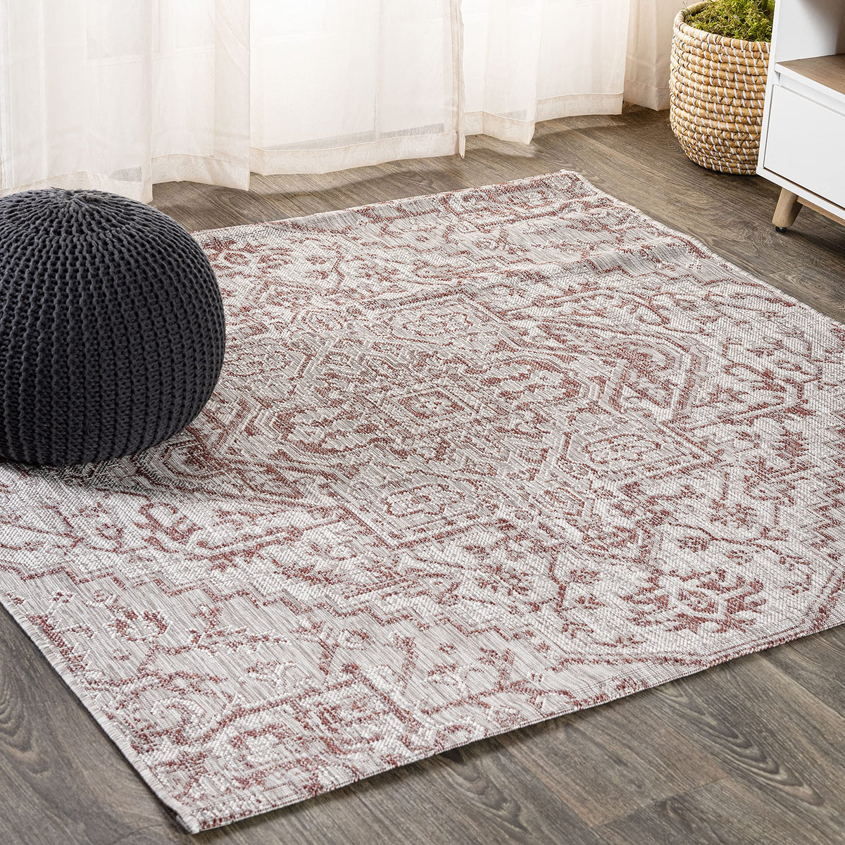 Jonathan Y Smb105A-4Sq Estrella Bohemian Medallion Textured Weave Red/Taupe 4' Square Indoor/Outdoor Area Rug, Pet Friendly, Non