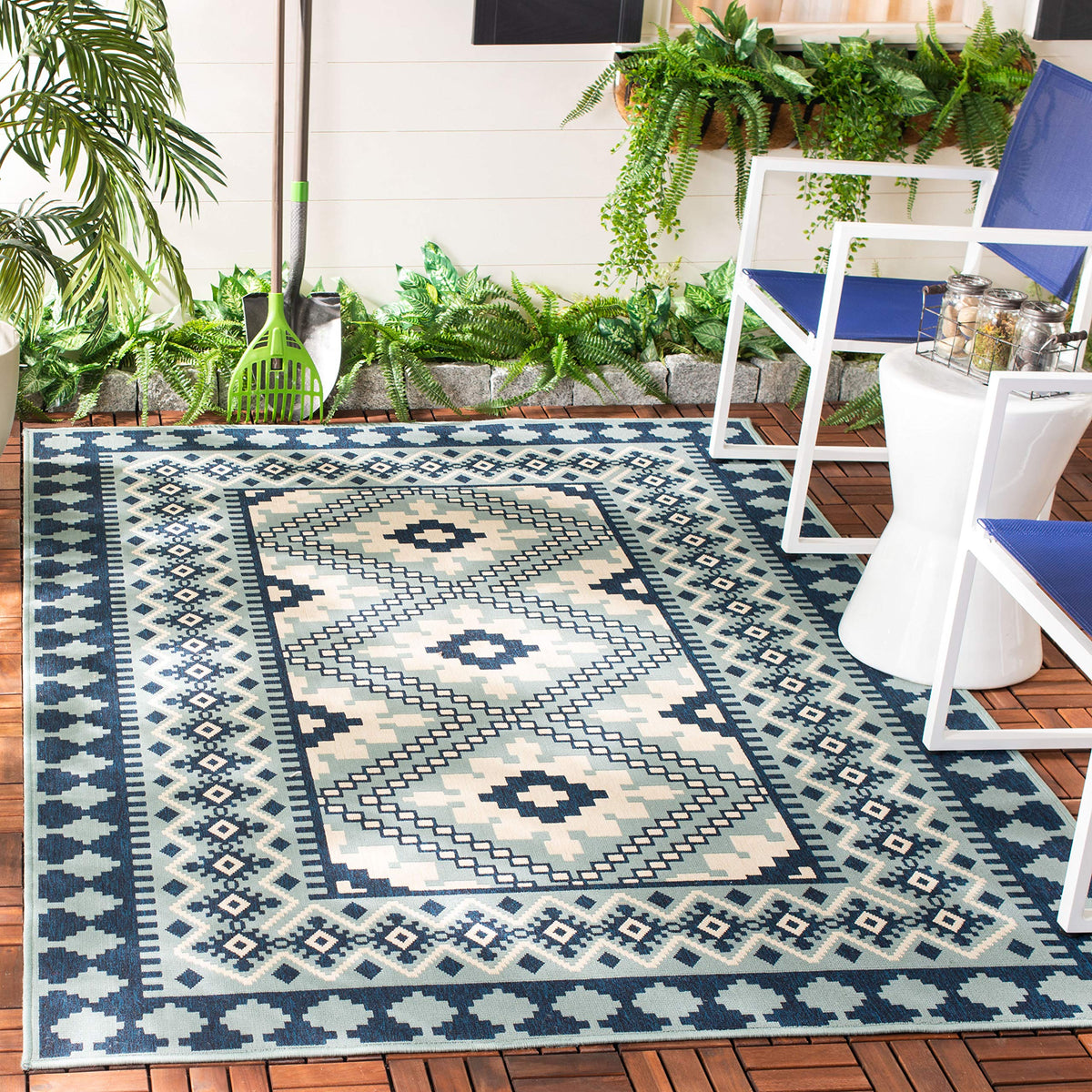 Safavieh Veranda Collection 8' Square Ivory/Blue Ver099 Boho Indoor/ Outdoor Non-Shedding Easy Patio Backyard Porch Deck Mudroom