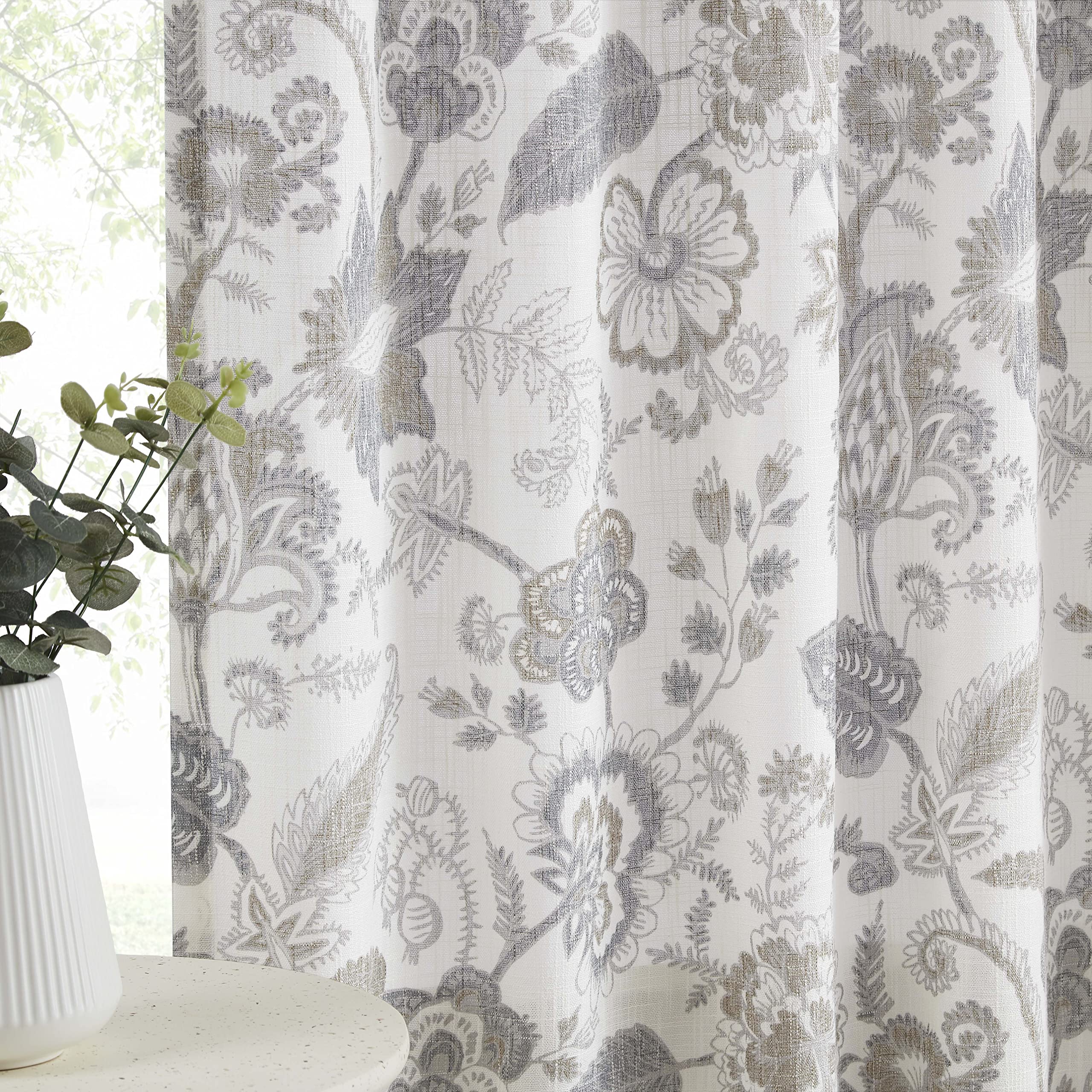 Kayne Studio Backtab Rod Pocket Jacobean Floral Semi Sheer Curtains Botanical Leaf Printed Vintage Farmhouse Curtains For Living