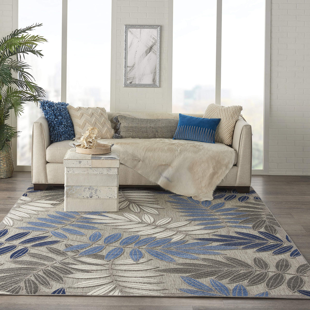 Nourison Aloha Indoor/Outdoor Area Rug 7' 10' X 10' 6', Grey/Blue, Rectangular, 0.25' Thick, Tropical Botanical Easy Cleaning Non Shedding Bed Room Kitchen Living Room Deck Backyard