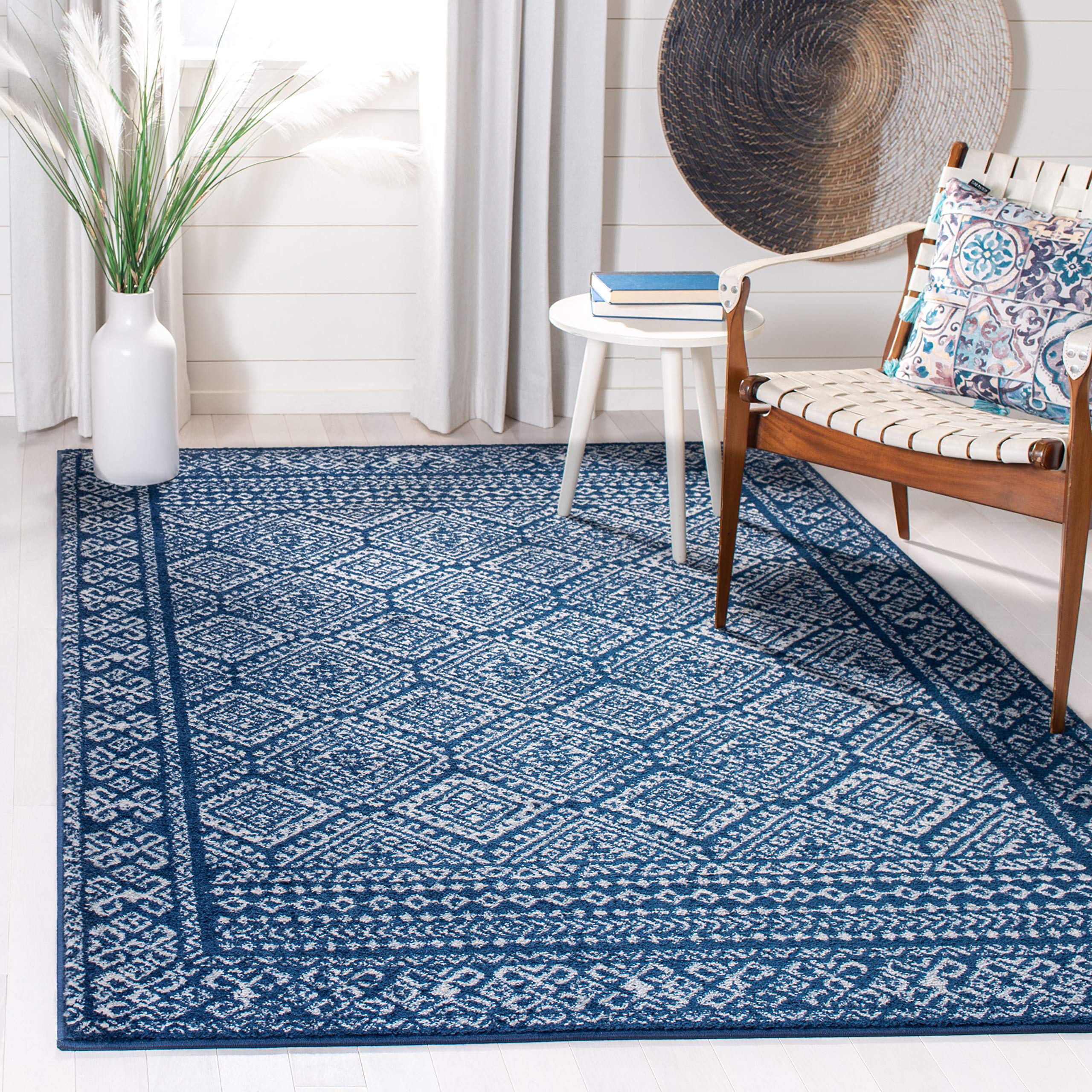 SAFAVIEH Tulum Collection 8 Square Navy/Ivory TUL264N Moroccan Boho Distressed Non-Shedding Area Rug