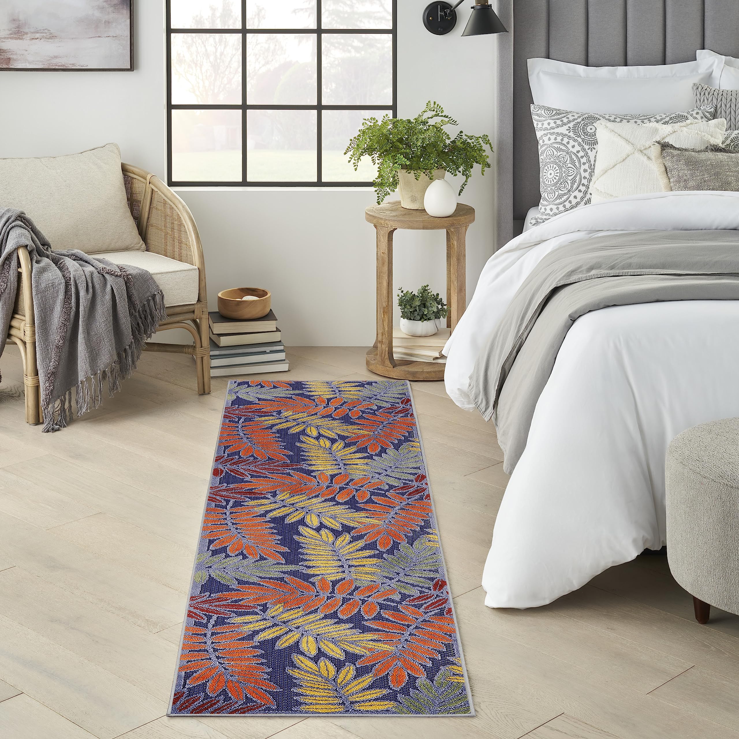 Nourison Aloha Indoor-Outdoor Navy Multicolor 2' X 6' Area Rug, Easy Cleaning, Non Shedding, Bed Room, Living Room, Dining Room,