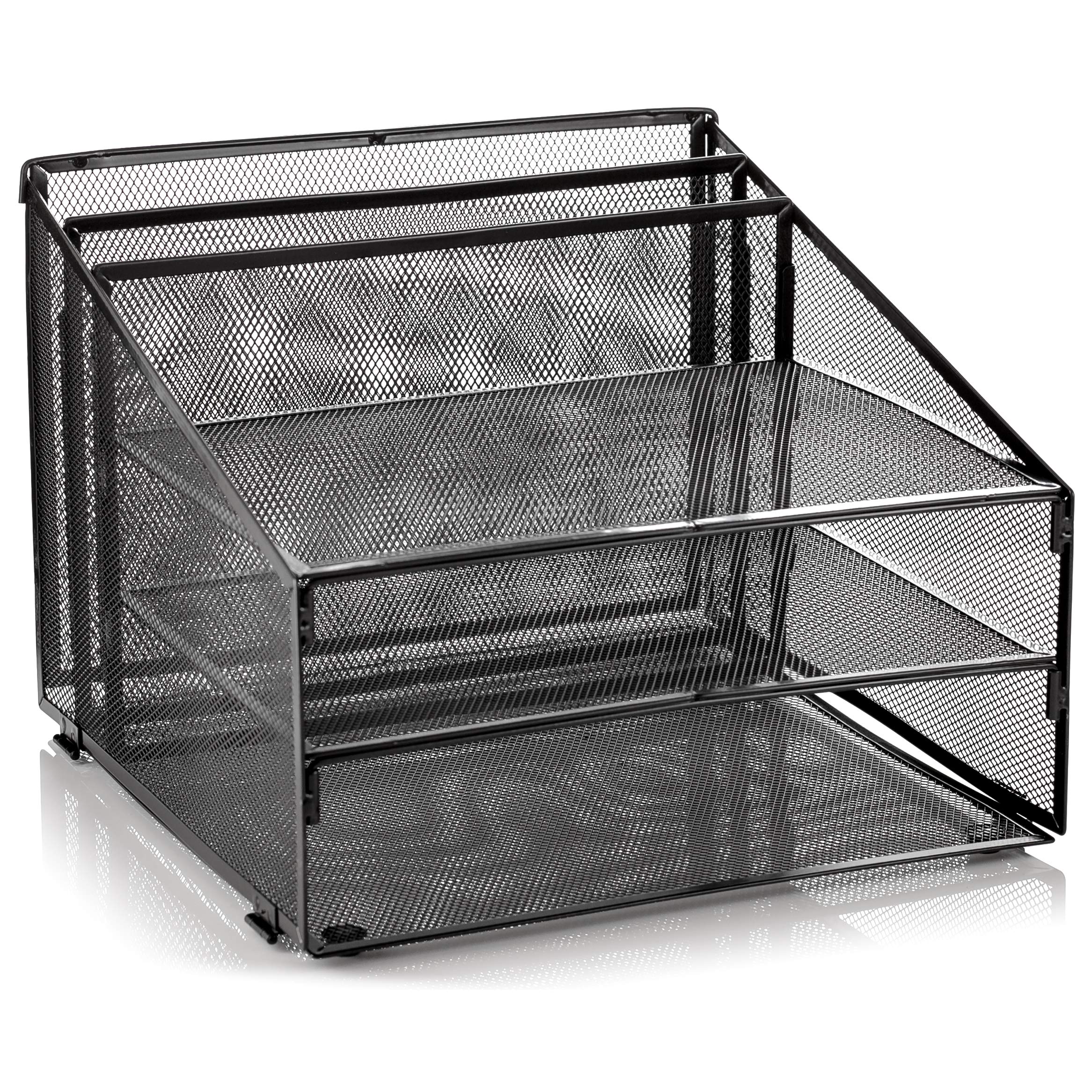 Metal Office Desk Organizer 3-Tier, Mesh Desktop Document and A4 File Holder with 3 Flat Trays and 2 Upright Compartments, Steel