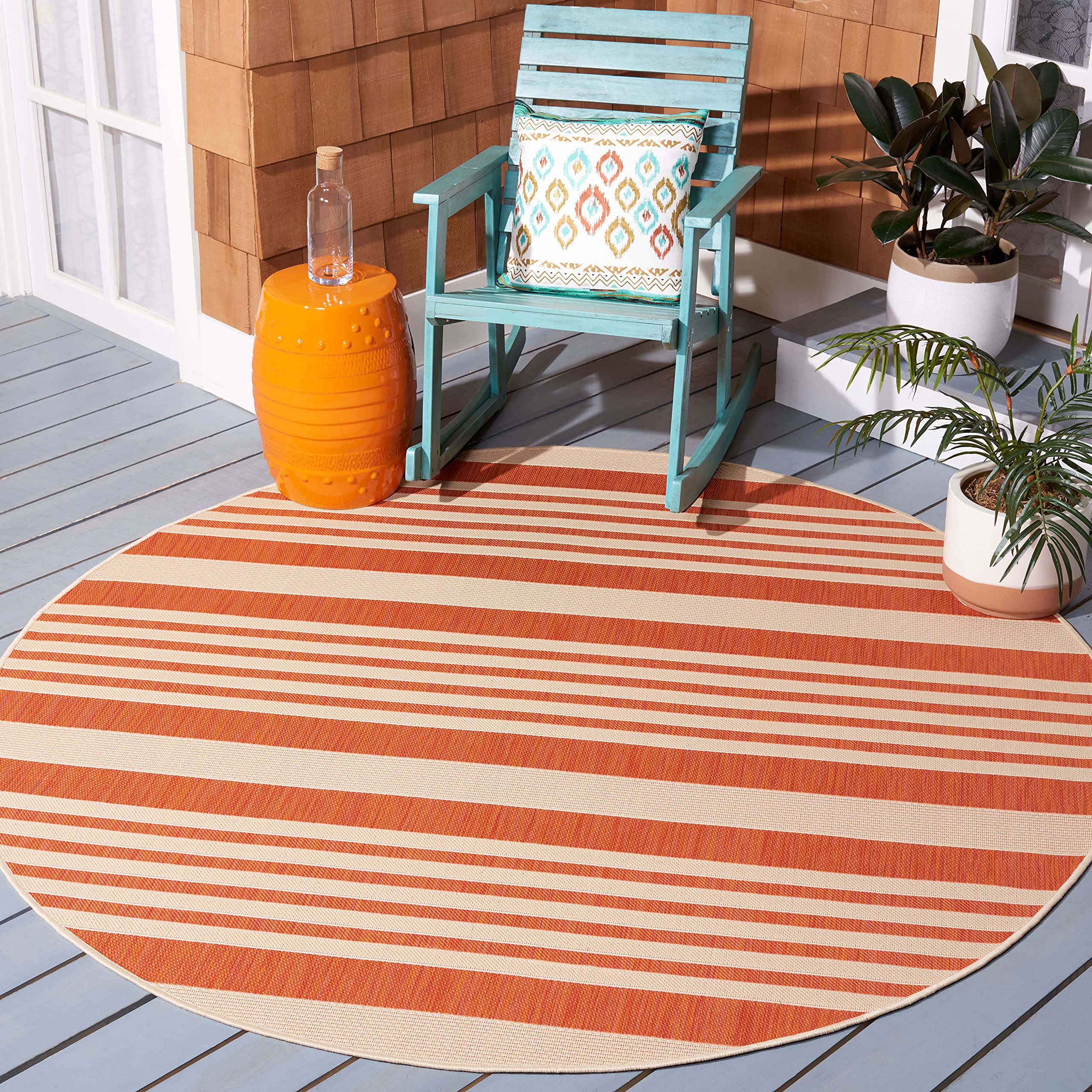 Safavieh Courtyard Collection 6'7'' Round Terracotta/Beige Cy6062 Stripe Indoor/ Outdoor Patio Backyard Mudroom Area Rug