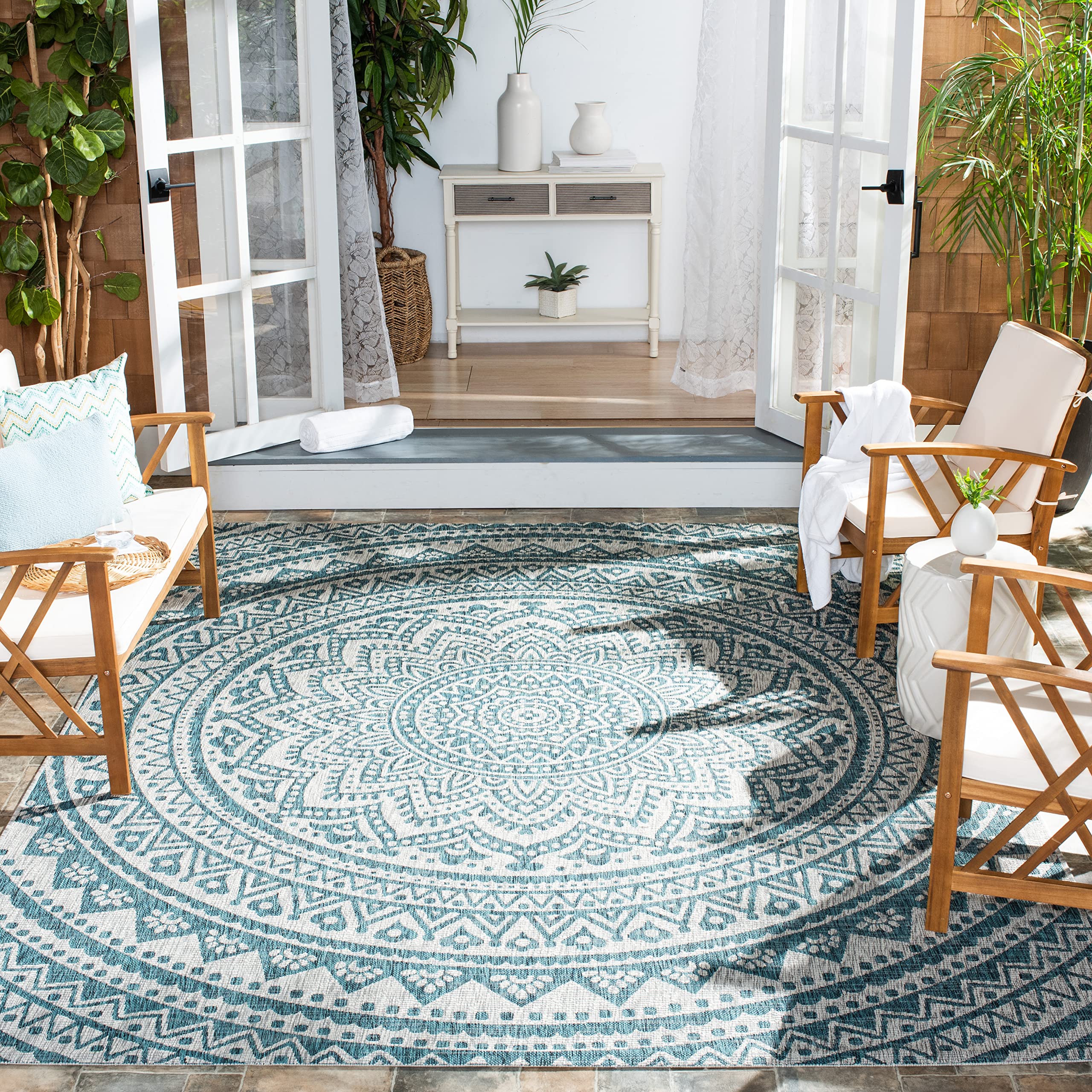 Safavieh Courtyard Collection 80.4' X 115.2' Grey / Teal Cy8734 Indoor-Outdoor Waterproof Easy-Cleaning Patio Backyard Mudroom Area-Rug