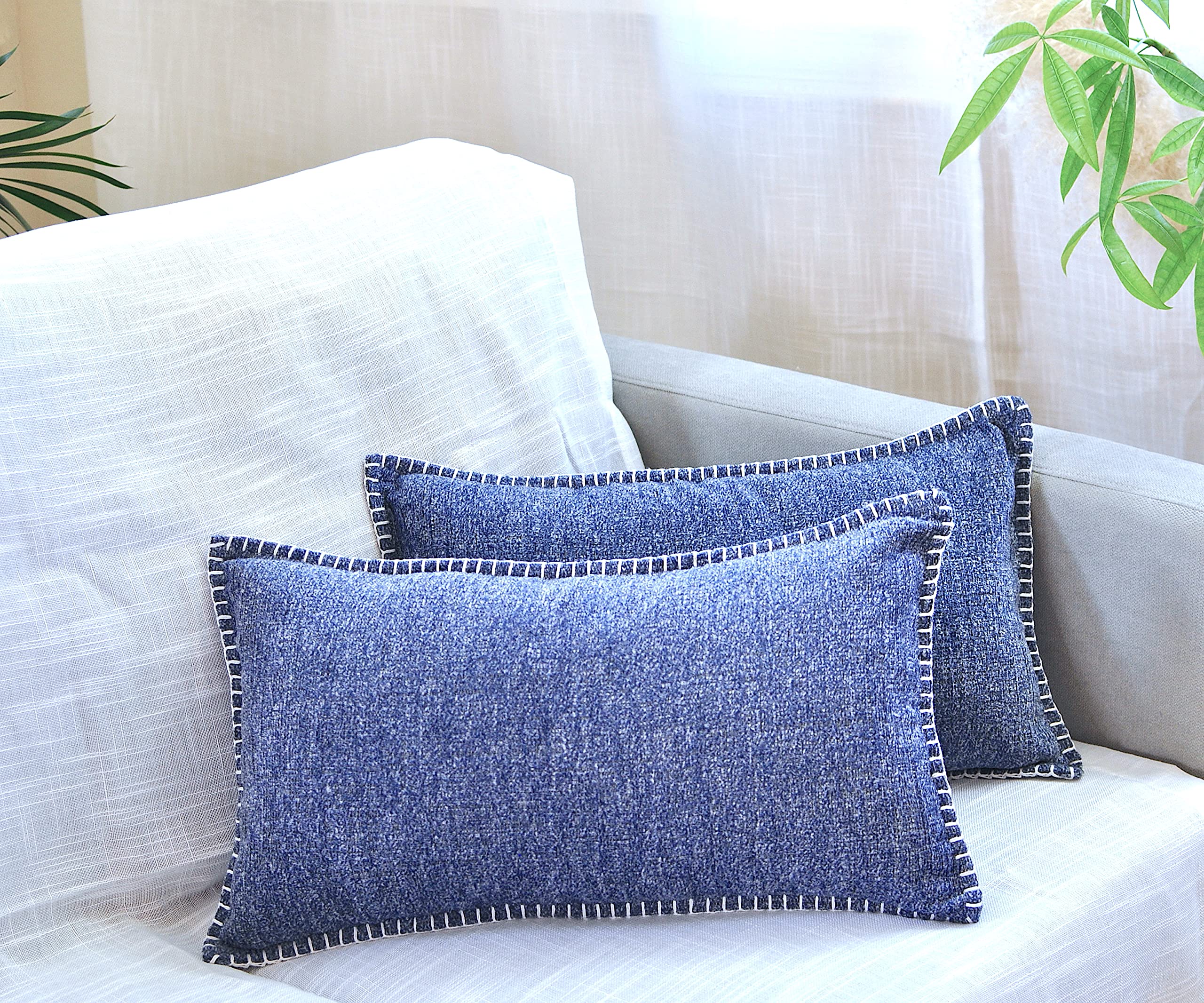Decorative Stitched Edge Textured Lumbar Pillow Covers 12 X 20 Inches Navy Blue Set Of 2 | Soft Chenille Farmhouse Cushion Cover