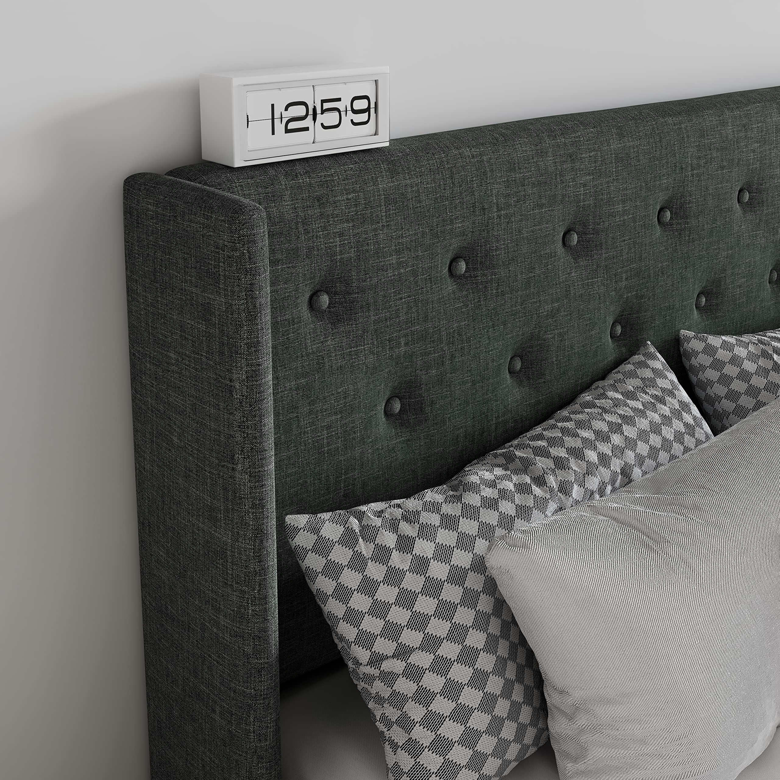 Sha Cerlin Full Size Lift Up Storage Bed/Button Tufted Wingback Headboard/Hydraulic Storage/Upholstered Platform Bed Frame/No Box Spring Needed/Wood Slats Support/Dark Grey