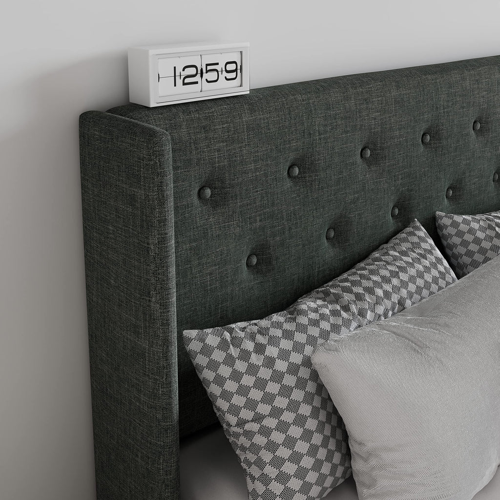 Sha Cerlin Full Size Lift Up Storage Bed/Button Tufted Wingback Headboard/Hydraulic Storage/Upholstered Platform Bed Frame/No Box Spring Needed/Wood Slats Support/Dark Grey