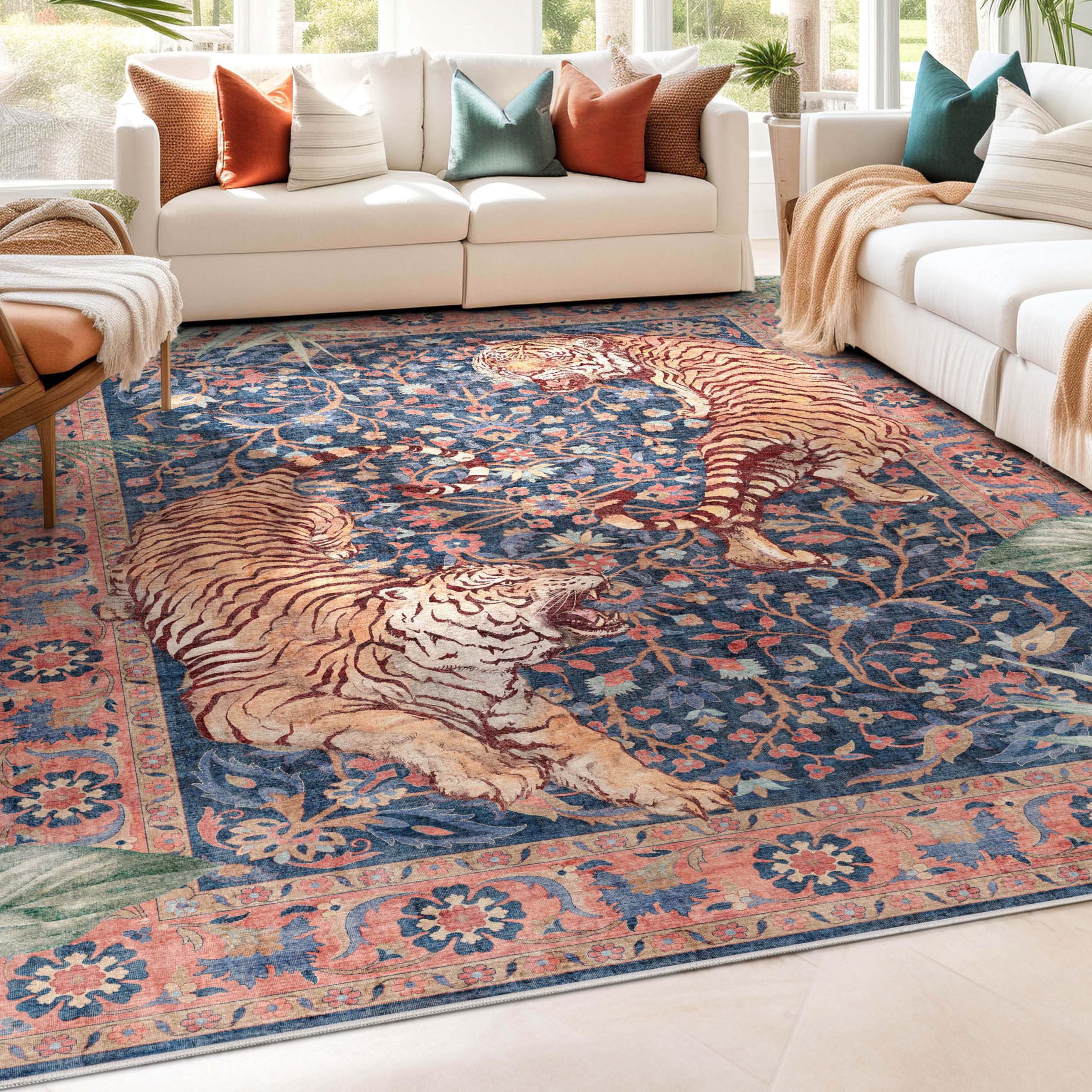 Well Woven Apollo Botanical Tiger Navy Washable Rug - Dining Room & Bedroom, 710 x 910, Durable