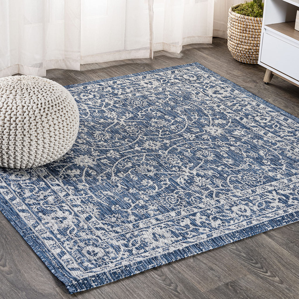 Jonathan Y Smb103A-5Sq Palazzo Vine And Border Textured Weave Indoor Outdoor Area Rug Coastal Bohemian Rustic Glam Easy Cleaning Bedroom Kitchen Backyard Patio Non Shedding, 5' Square, Navy/Gray