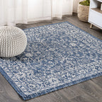 Jonathan Y Smb103A-5Sq Palazzo Vine And Border Textured Weave Indoor Outdoor Area Rug Coastal Bohemian Rustic Glam Easy Cleaning Bedroom Kitchen Backyard Patio Non Shedding, 5' Square, Navy/Gray