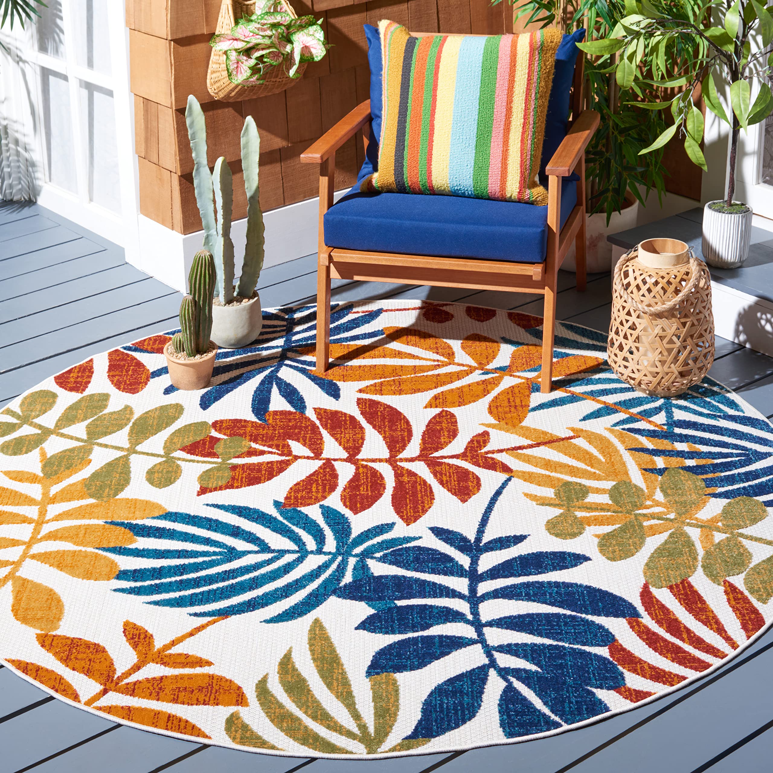 Safavieh Cabana Collection 5'3' Round Cream/Red Cbn814A Botanical Indoor/ Outdoor Non-Shedding Easy Patio Backyard Porch Deck Mudroom Area Rug