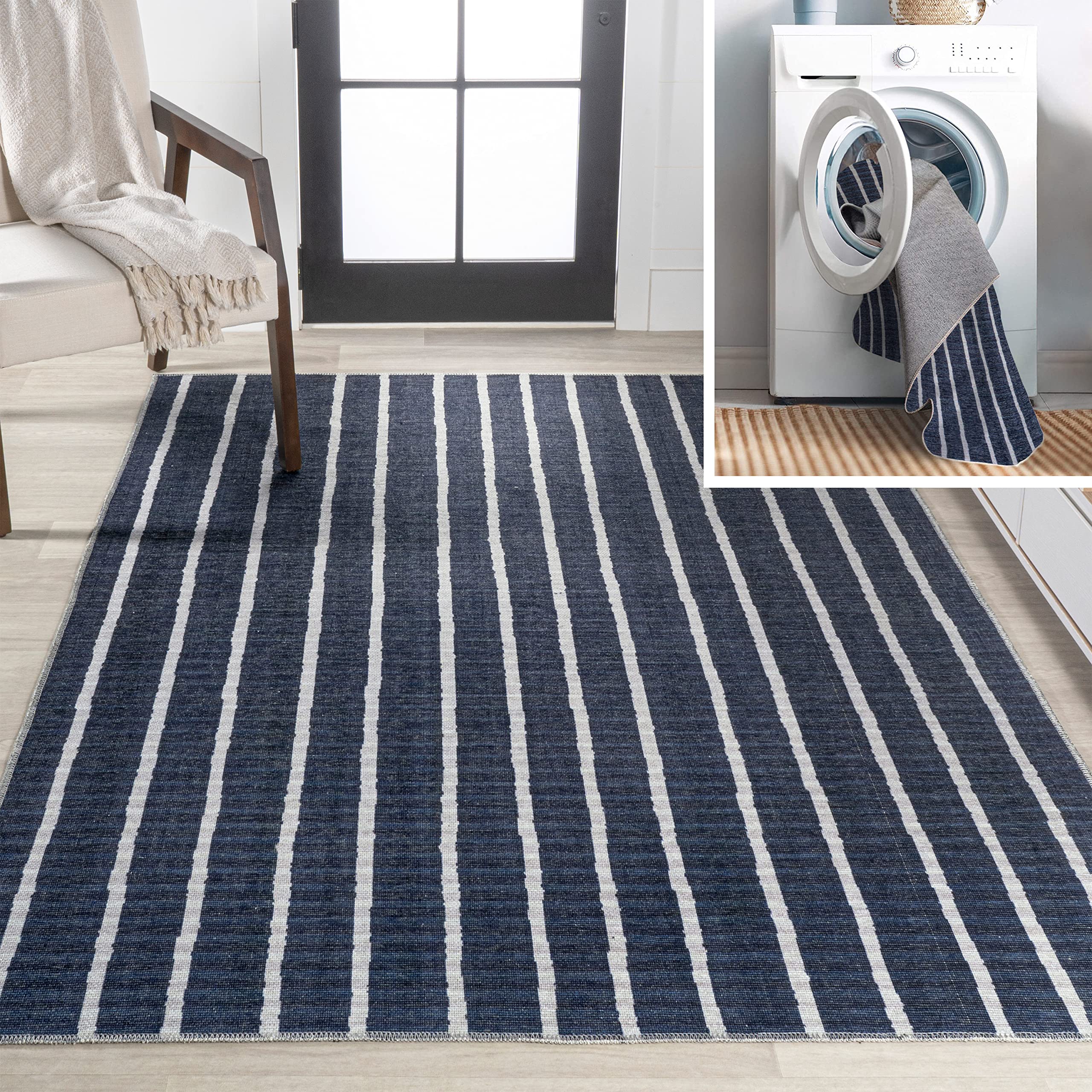 Jonathan Y Wsh119A-9 Rand Distressed Ticking Stripe Machine-Washable Indoor Area Rug, Farmhouse Nautical Rustic Easy Cleaning,Be