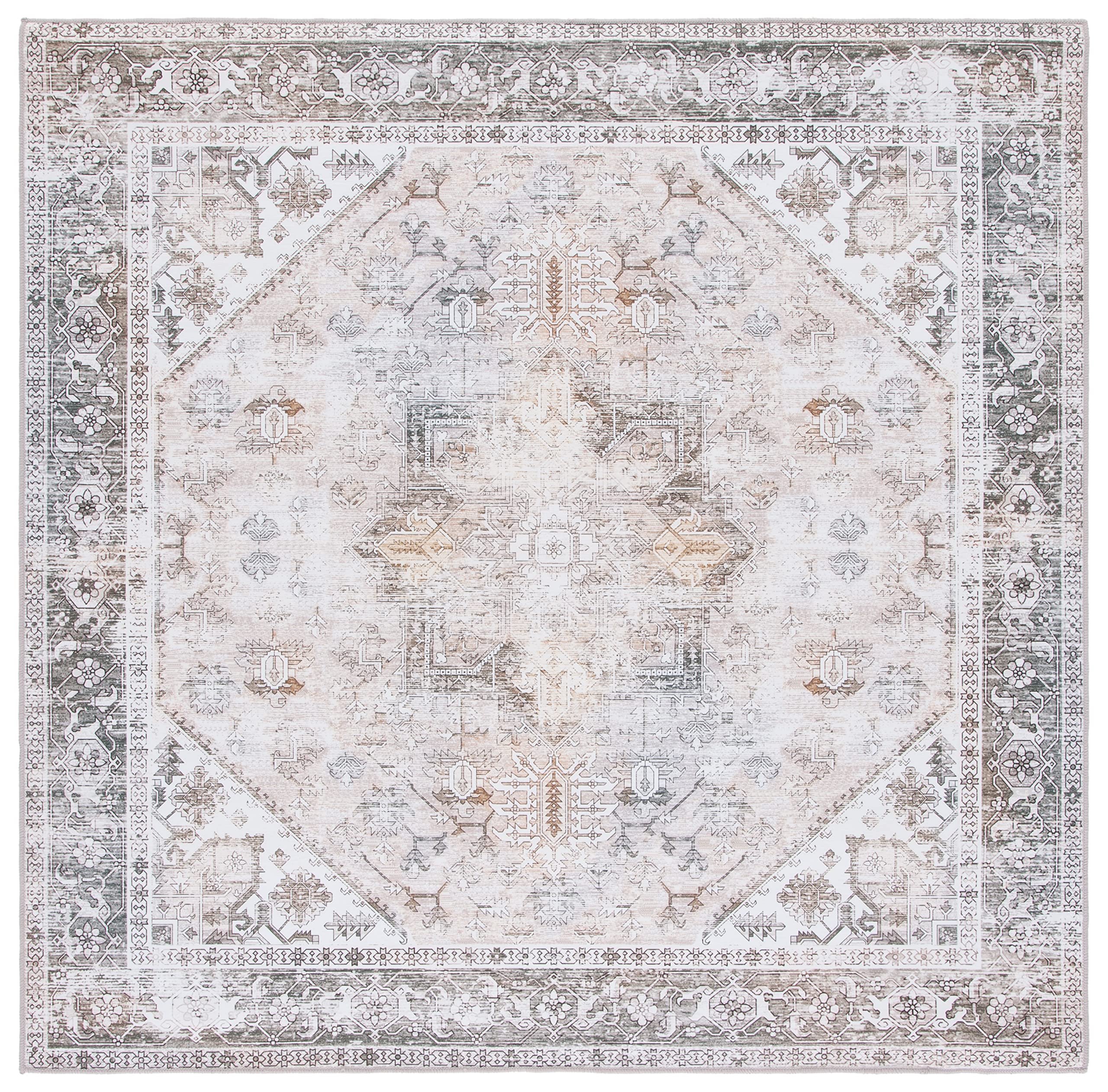 SAFAVIEH Washable Rug Tucson Collection - 7 Square, Beige & Grey, Slip Resistant, Ideal for High Traffic Areas in Living Room, 