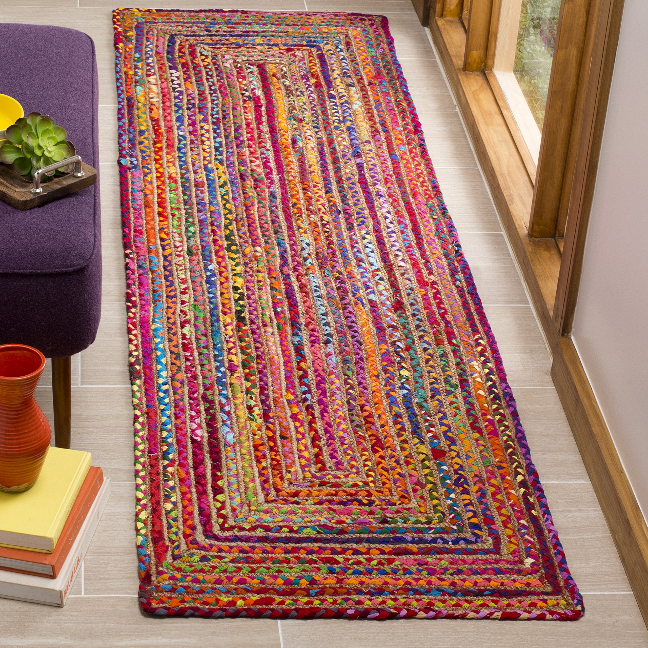 SAFAVIEH Cape Cod Collection Runner Rug - 23 x 8, Red & Multi, Handmade Boho Braided Jute & Cotton, Ideal for High Traffic Are