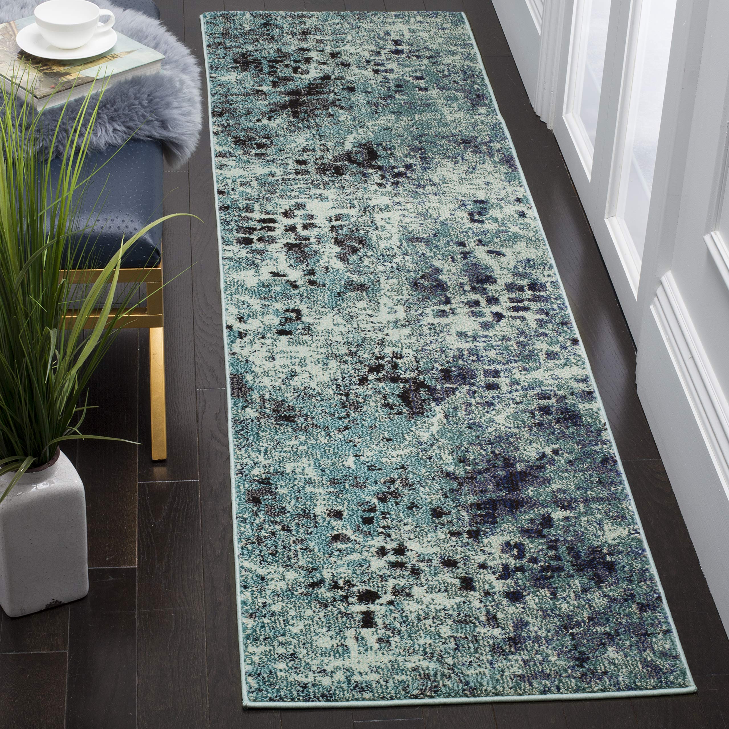 SAFAVIEH Monaco Collection Runner Rug - 22 x 10, Light Blue & Multi, Boho Chic Abstract Watercolor Design, Non-Shedding & Easy