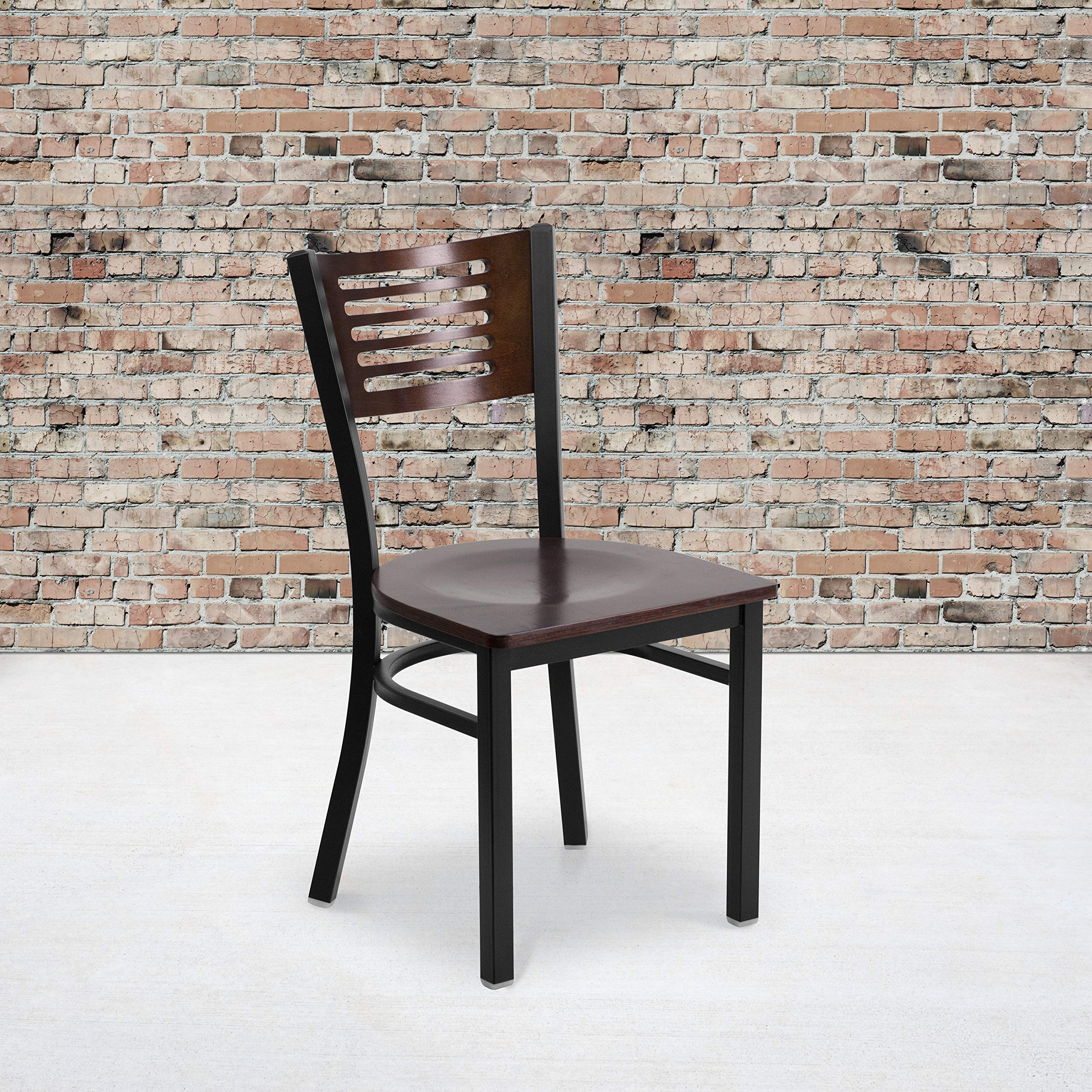 Flash Furniture Hercules Series Black Slat Back Metal Restaurant Chair - Walnut Wood Back & Seat