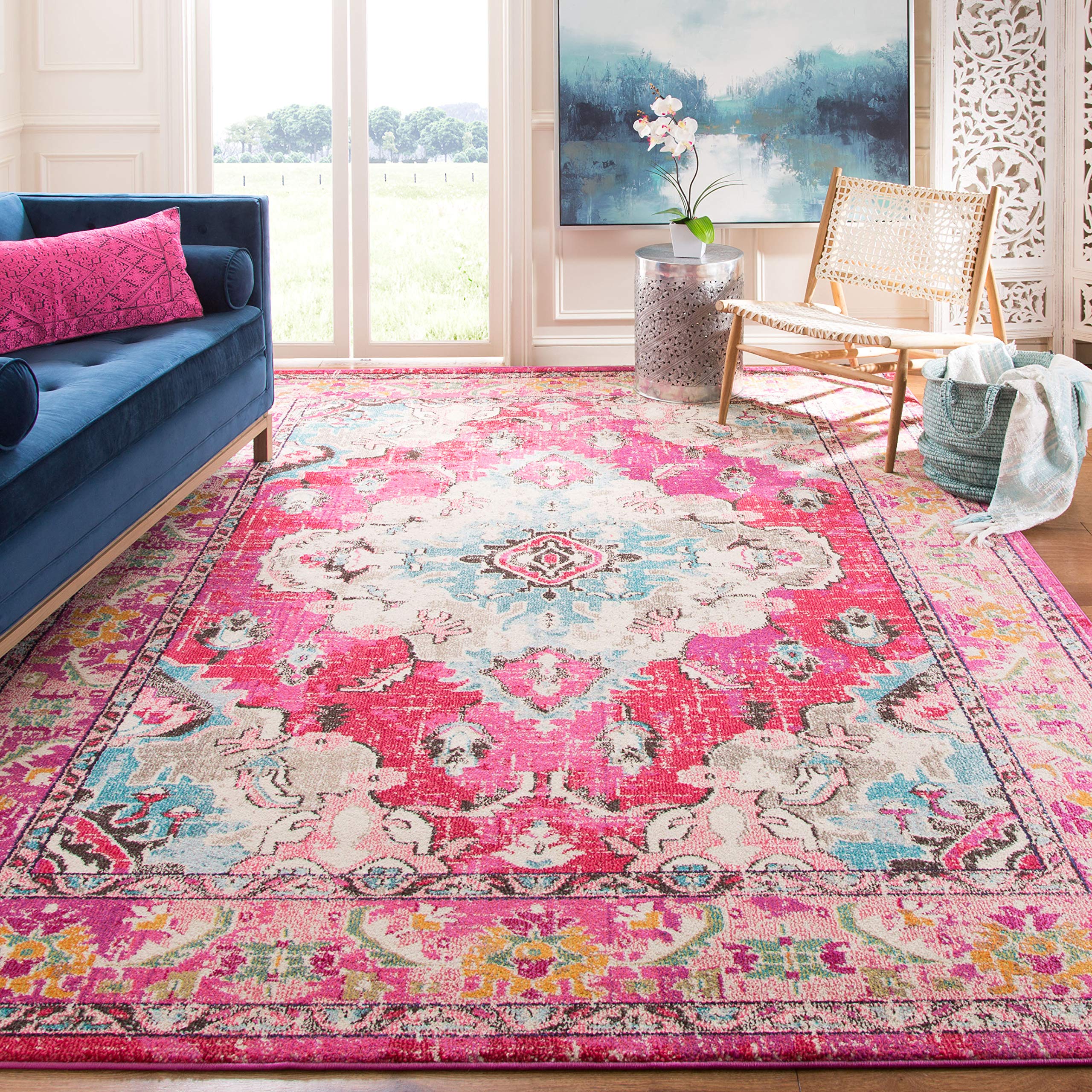 SAFAVIEH Monaco Collection Area Rug - 10 x 14, Pink & Multi, Boho Chic Medallion Distressed Design, Non-Shedding & Easy Care, 
