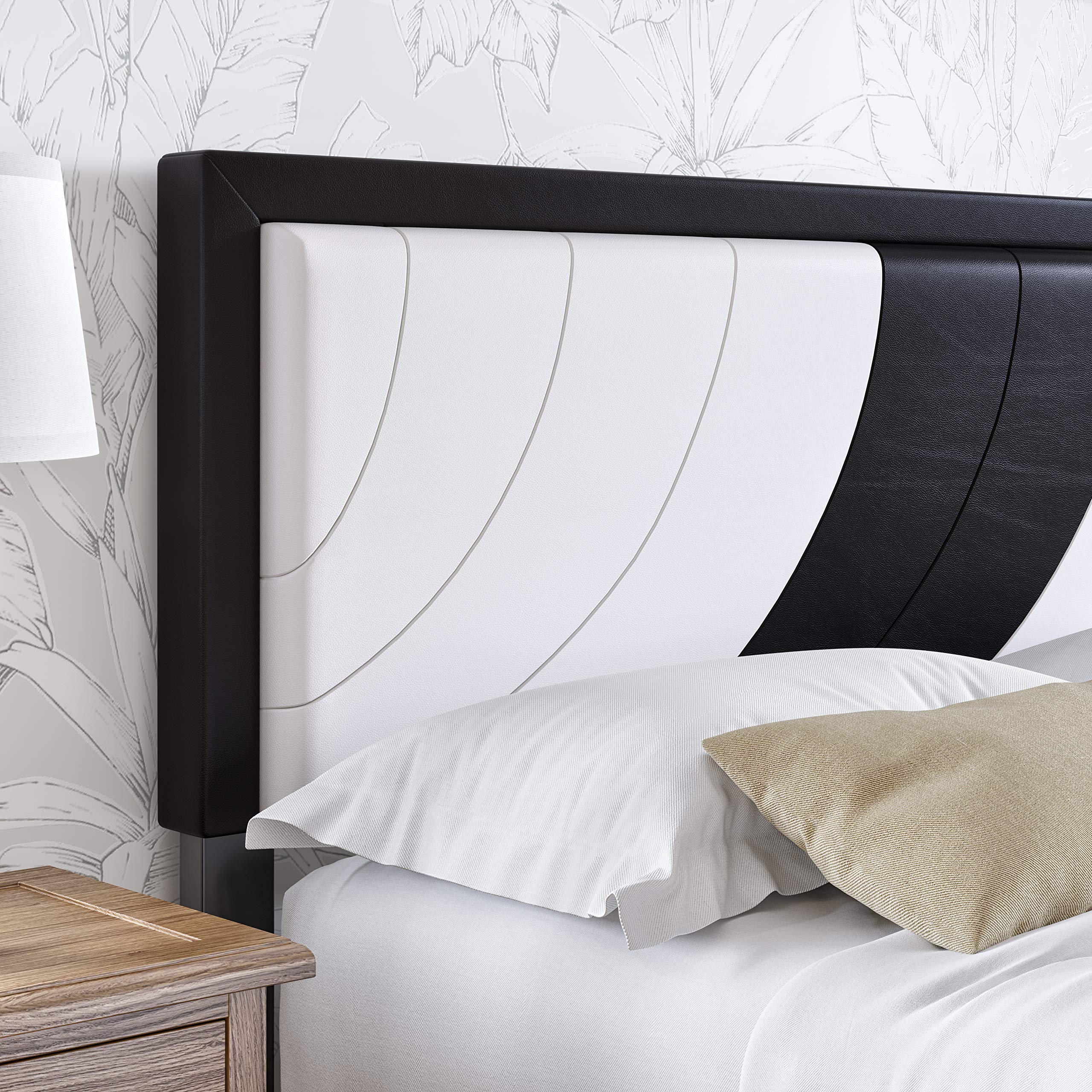 Boyd Sleep Bree Upholstered Platform Bed with Headboard and Durable Mattress Foundation with Strong 14 Wood Slat Supports, No BoxSpring Required: Full, White/Black