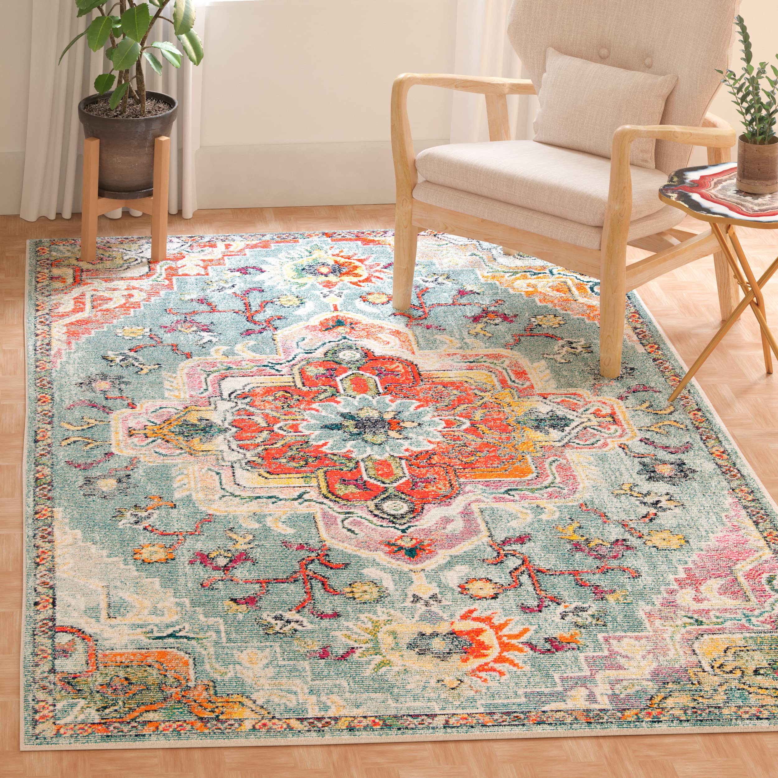 SAFAVIEH Crystal Collection 4 Square Teal/Orange CRS501J Boho Chic Oriental Medallion Distressed Non-Shedding Living Room Bedro