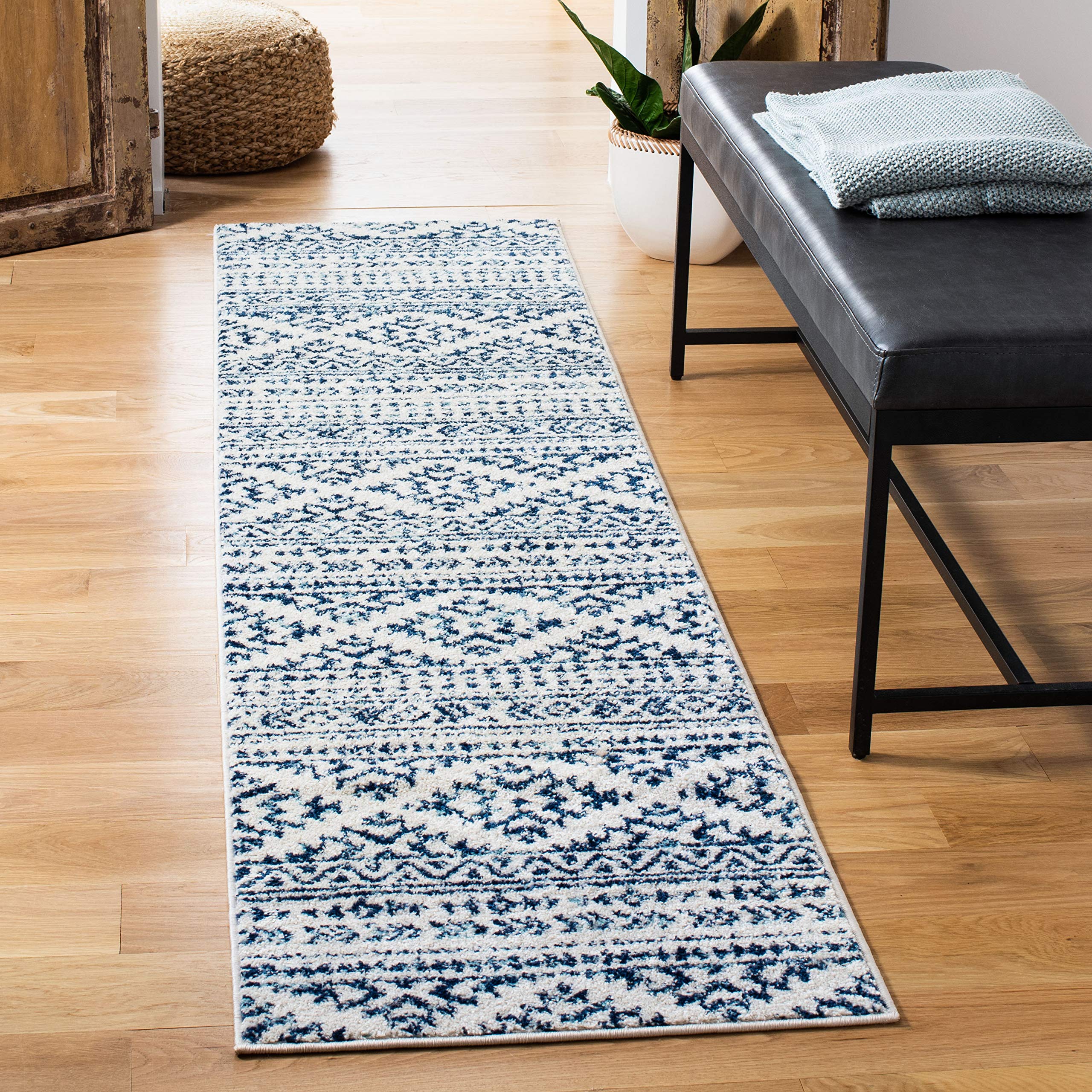 SAFAVIEH Tulum Collection Runner Rug - 2 x 13, Ivory & Navy, Moroccan Boho Tribal Design, Non-Shedding & Easy Care, Ideal for 