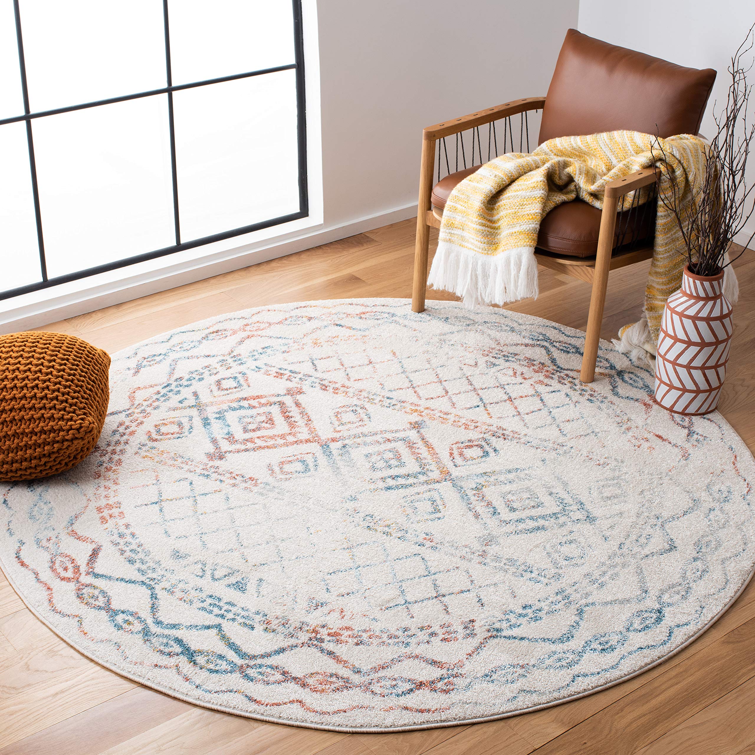 SAFAVIEH Tulum Collection 5 Round Ivory/Turquoise TUL268M Moroccan Boho Distressed Non-Shedding Area Rug