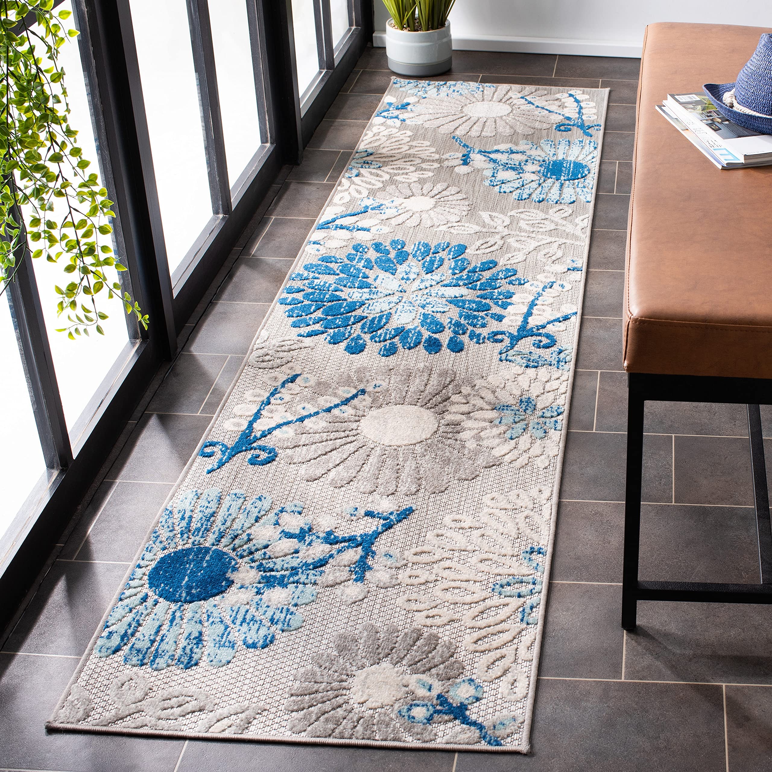 Safavieh Cabana Collection Runner Rug - 2' X 8', Grey & Blue, Floral Design, Non-Shedding & Easy Care, Indoor/Outdoor & Washable-Ideal For Patio, Backyard, Mudroom (Cbn832F)