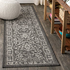 Jonathan Y Smb104C-28 Malta Bohemian Medallion Textured Weave Indoor Outdoor Area Rug, Coastal, Traditional, Transitional Easy Cleaning,Bedroom,Kitchen,Backyard,Patio,Non Shedding, Black/Gray, 2 X 8