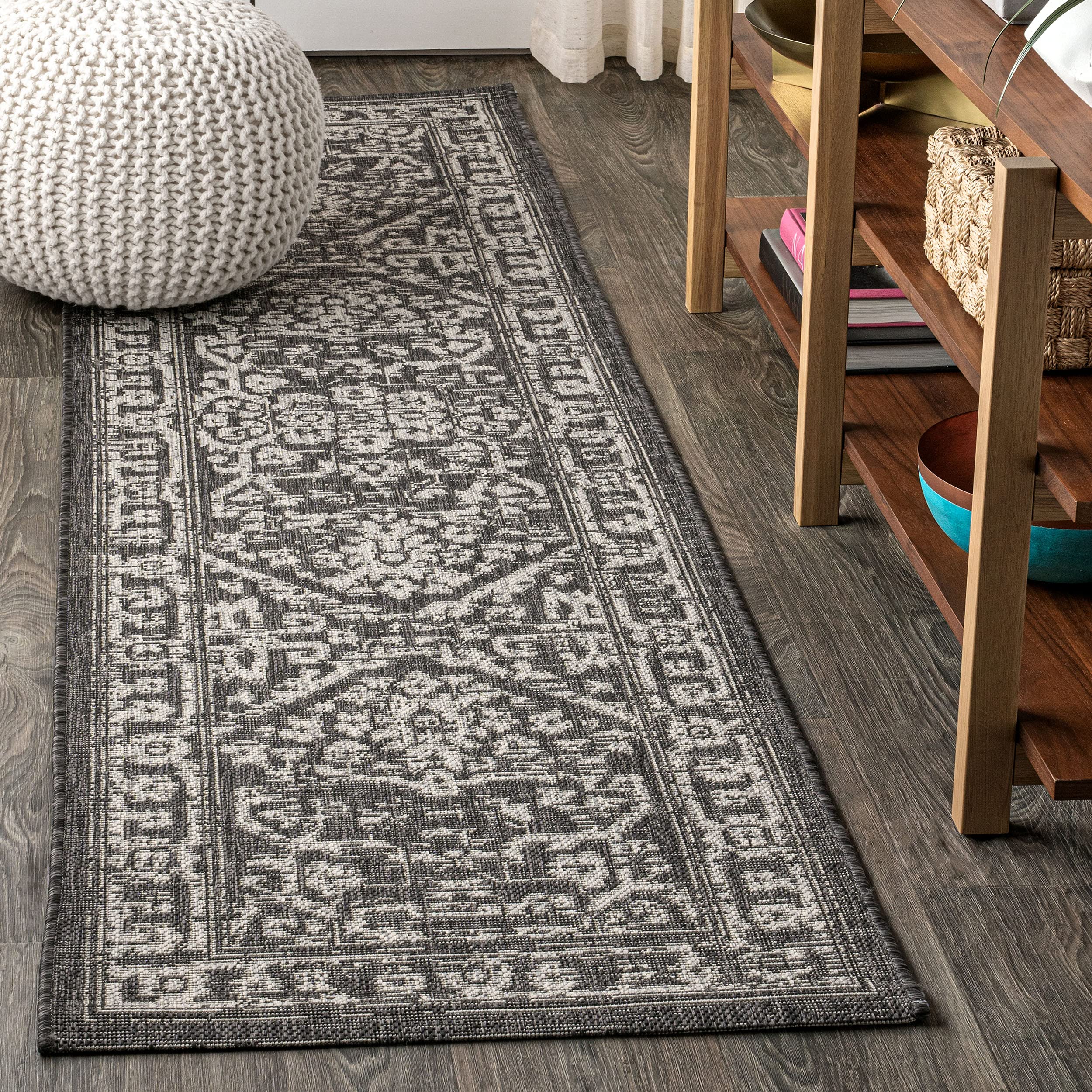 Jonathan Y Smb104C-28 Malta Bohemian Medallion Textured Weave Indoor Outdoor Area Rug, Coastal, Traditional, Transitional Easy Cleaning,Bedroom,Kitchen,Backyard,Patio,Non Shedding, Black/Gray, 2 X 8