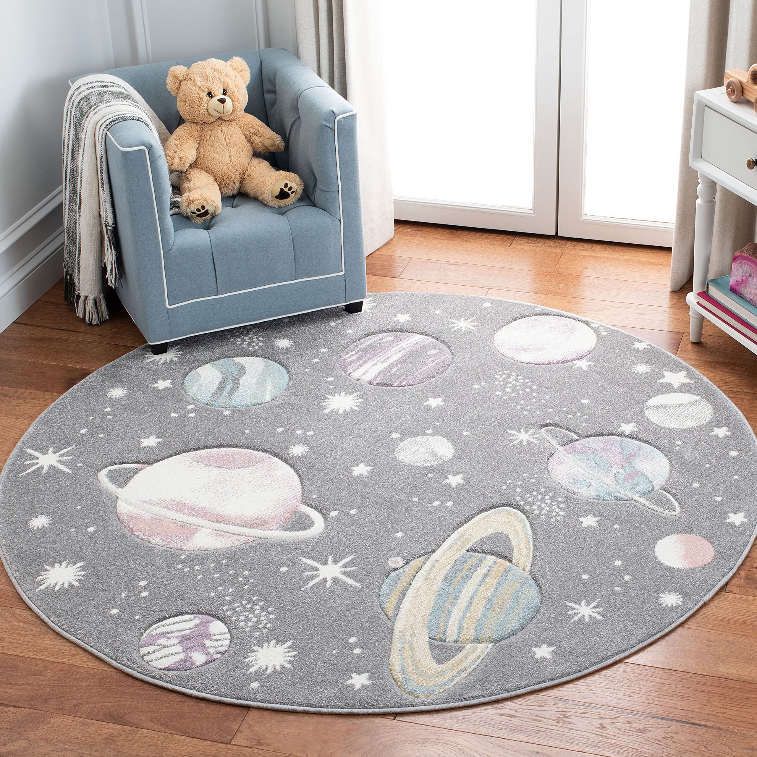 SAFAVIEH Carousel Kids Collection 3 Round Grey/Lavender CRK103F Outer Space Non-Shedding Playroom Nursery Bedroom Area Rug