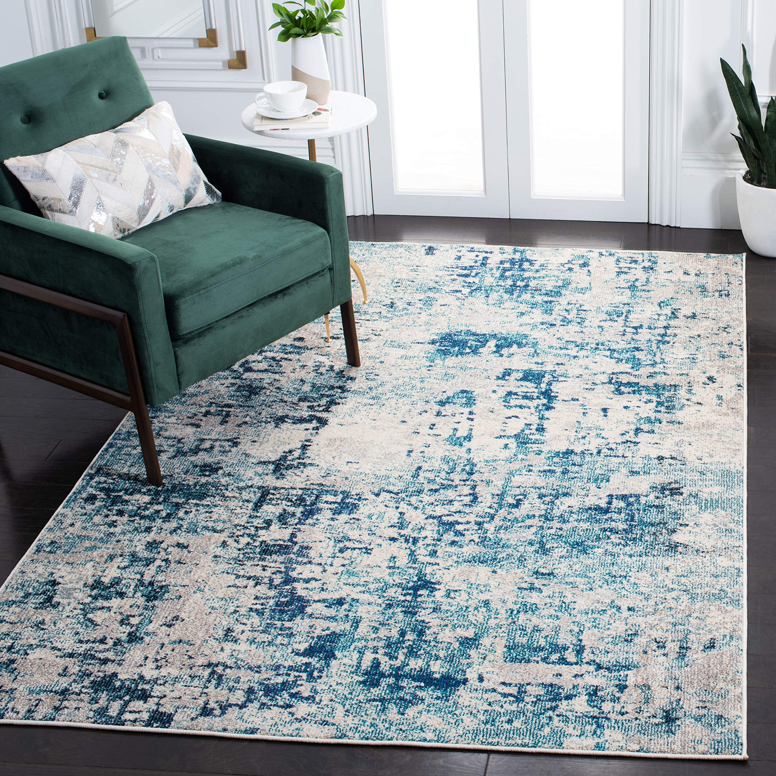 SAFAVIEH Madison Collection 4 x 6 IvoryTurquoise MAD471A Modern Abstract Non-Shedding Living Room Bedroom Area Rug